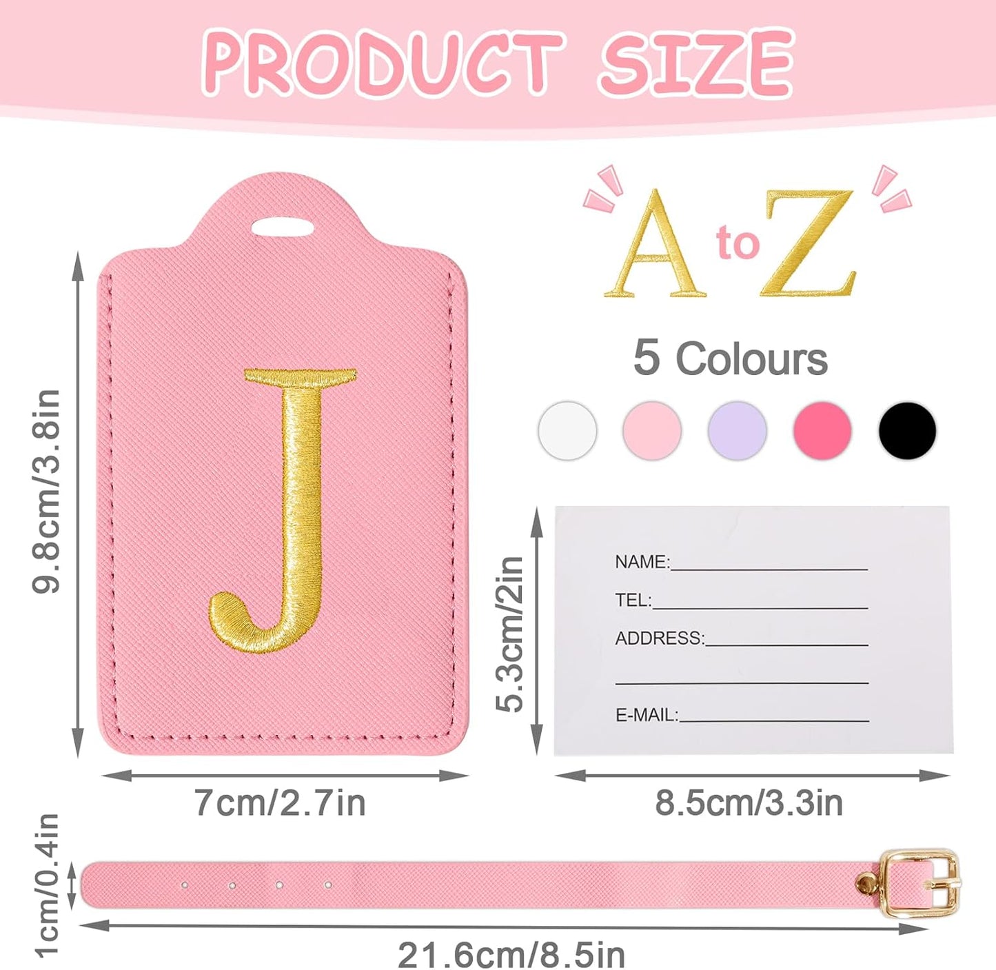 Personalized Initial Luggage Tags for Suitcases, Cute PU Leather Embroidered Letter Travel Luggage Tags, Suitcase Identifier Name Baggage Tag, Bag Tags for Men Women Kids Luggage Handbags(Pink J)