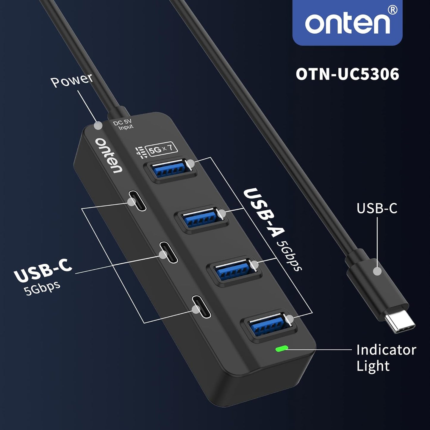 Onten USB C Hub,7 Ports USB Type-C HUB 3.2ft Cable 4*USB3.0 Ports,3*USB-C Ports forThunderbolt 3/4 MacBook Surface Pro and More Type-C Devices