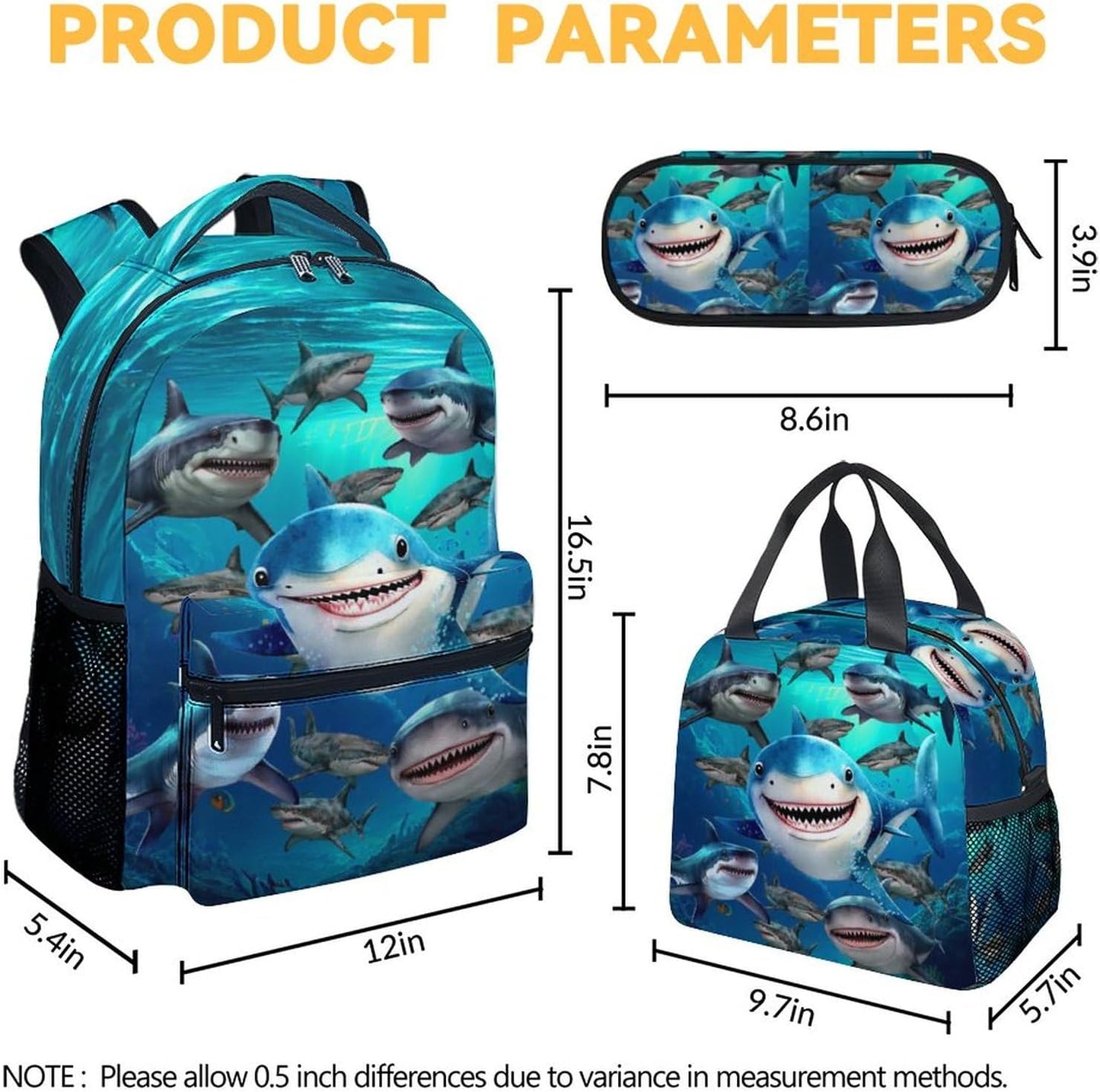 Shark Backpack with Lunch Box, Set of 3 School Backpacks Matching Combo, Cute Blue Bookbag and Pencil Case Bundle
