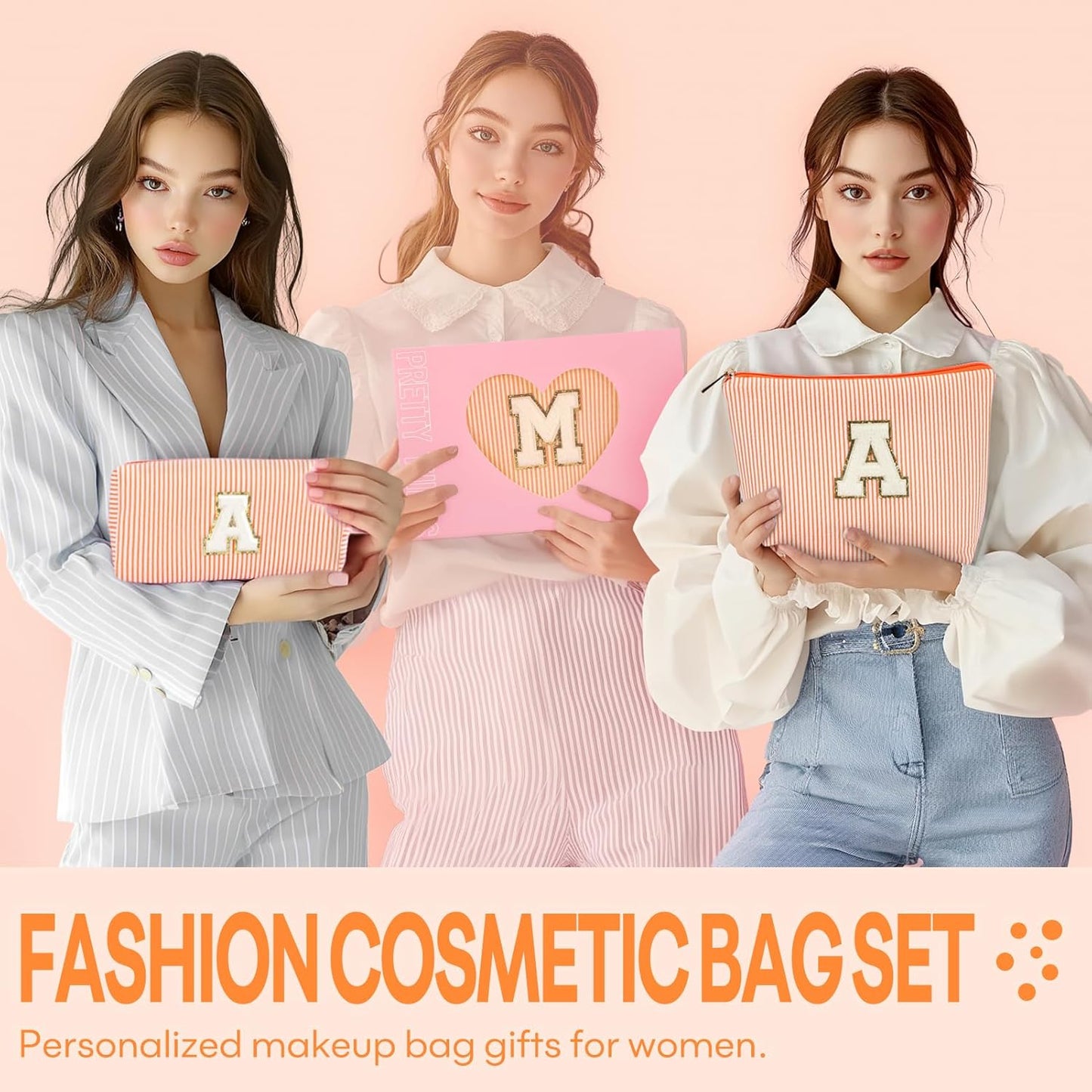 2 PCS Initial Makeup Bags for Women: Cosmetic Bag for Travel Toiletry - Birthday Gifts for 11 12 13 14 15 16 17 18 Years Old Girl Graduation Teacher Gift- Teen Girl Gifts Trendy Stuff - Orange K