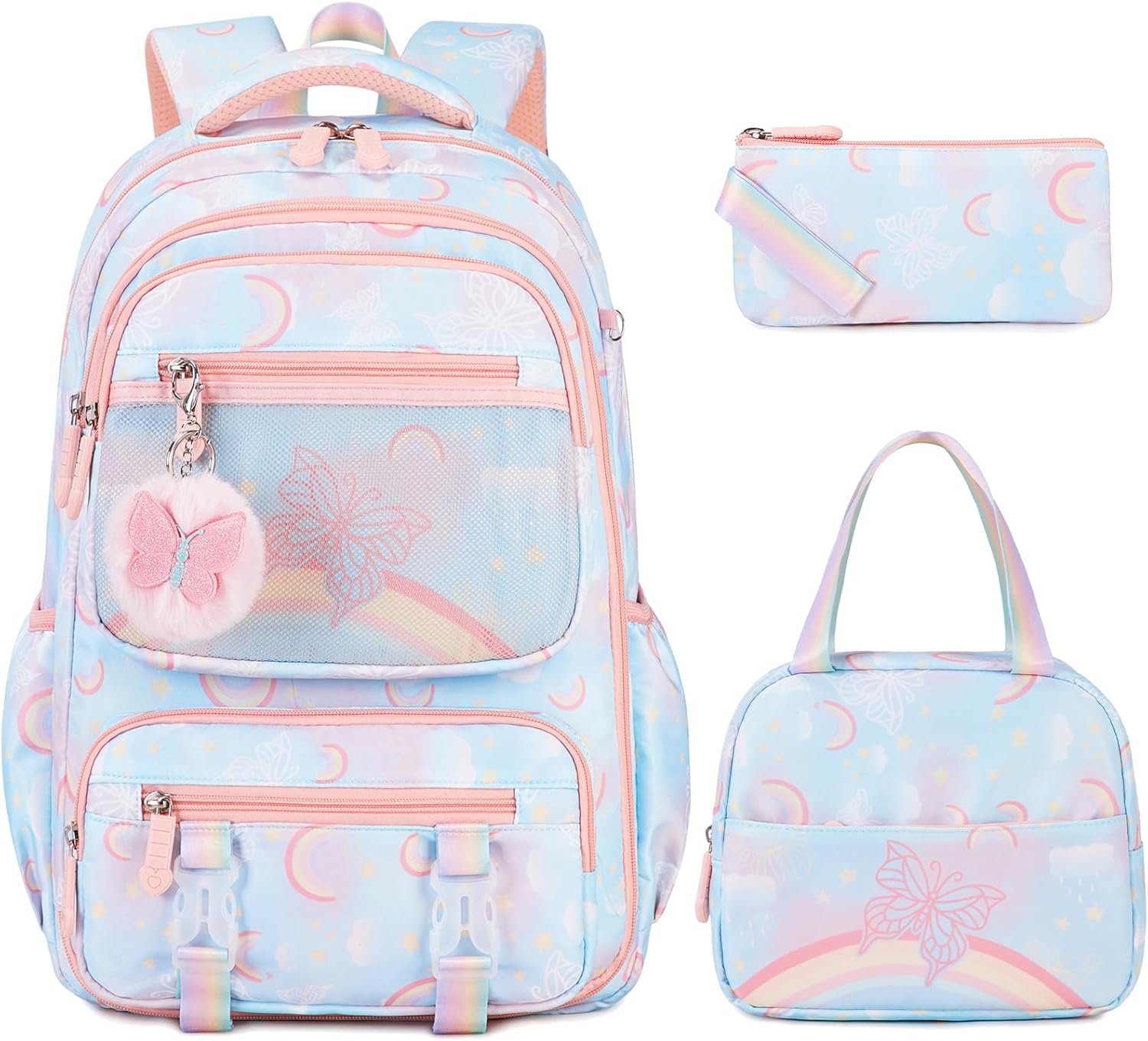 Backpack for Girls, Rainbow Butterfly Girls Backpacks with Lunch Bag Pencil Case Set, Kids Backpack