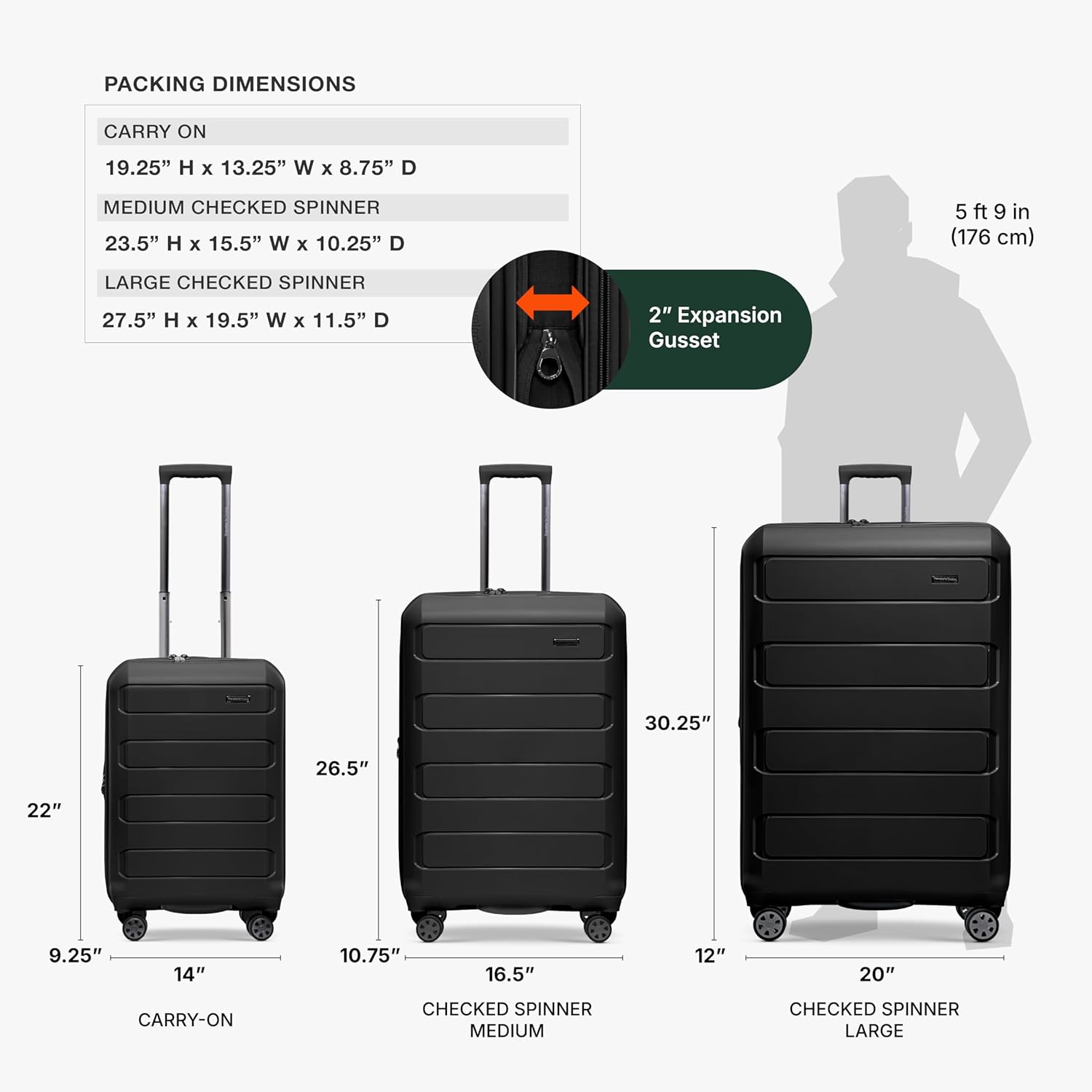 Traveler's Choice Pagosa Indestructible Hardshell Expandable Spinner Luggage, Black, 2-Piece Set