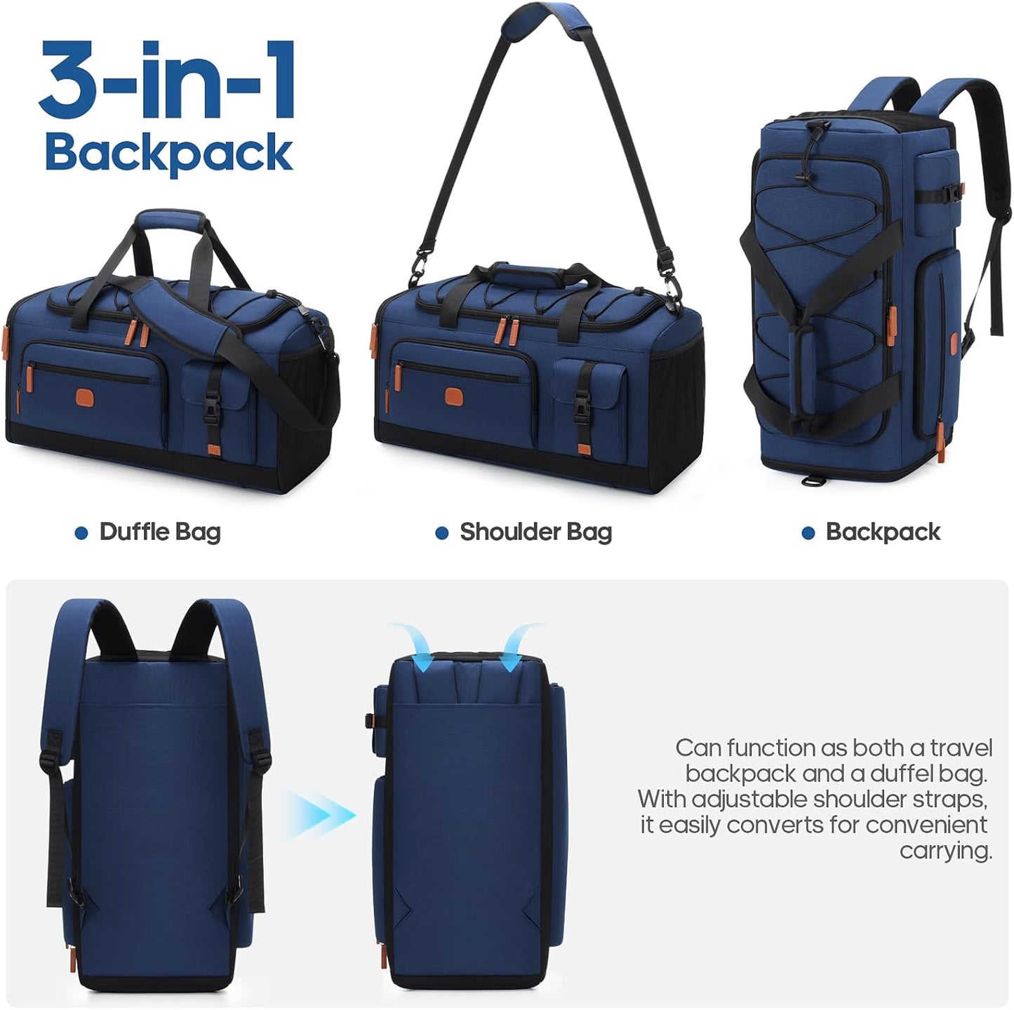 Gym Bag for Men and Women with Shoe & Laptop Compartment, 3-in-1 Sports Travel Duffel Bag Anti-Theft Weekender Carry-On Backpack for Airplane & Workout, Overnight Travel Bag,35L (Blue, Medium)