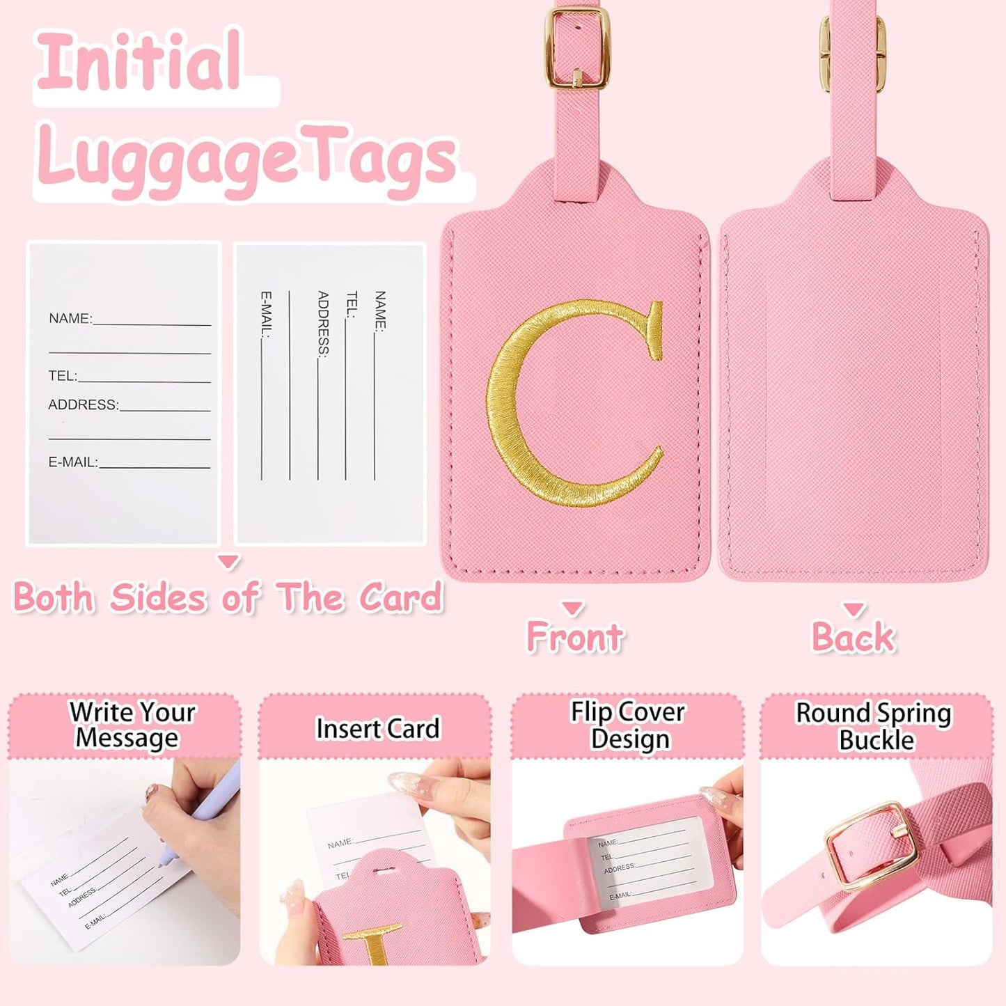 Initial Luggage Tags for Suitcases, Cute Embroidered Letter Luggage Bag Suitcase Identifier Name Baggage Tag, PU Leather Travel Luggage Tags, Bag Tags for Men Women Kids Luggage Handbags(Pink C)