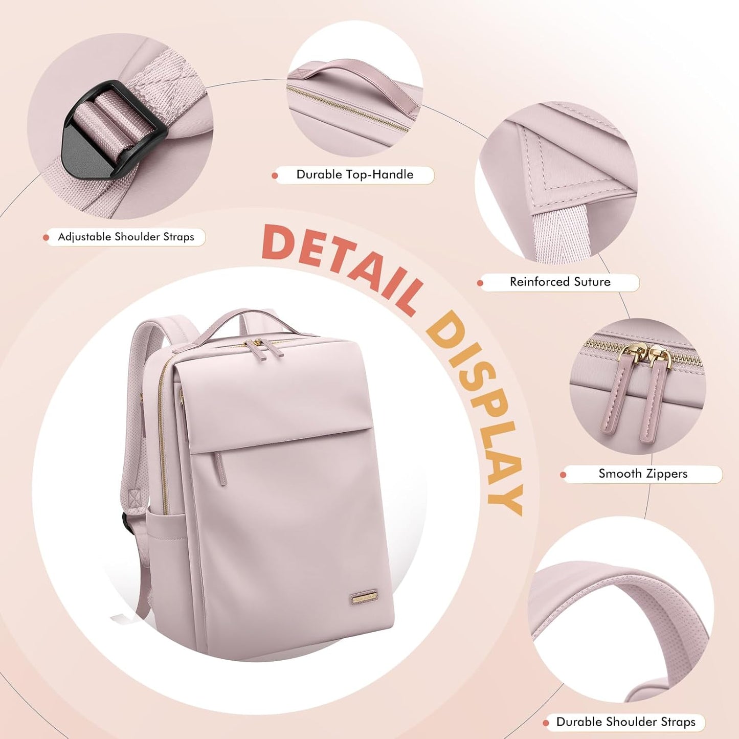 GOLF SUPAGS Travel Laptop Backpack for Women Airline Approved for Work College Travel Multi-Functional Casual Daypack Teacher Nurse Bags Fits 15.6 Inch Notebook (Pinkish Grey)