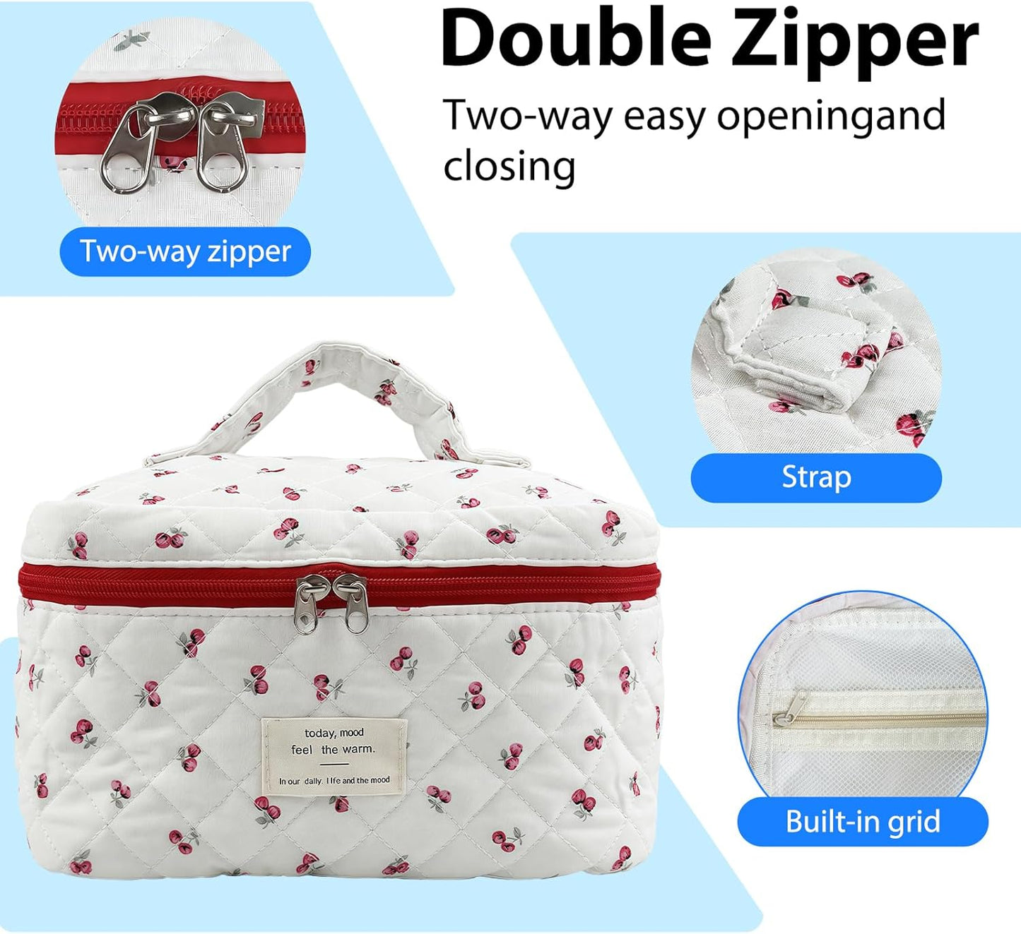 Quilted Makeup Bag, Large Capacity Travel Cosmetic Bag for Women and Girls, Aesthetic Storage for