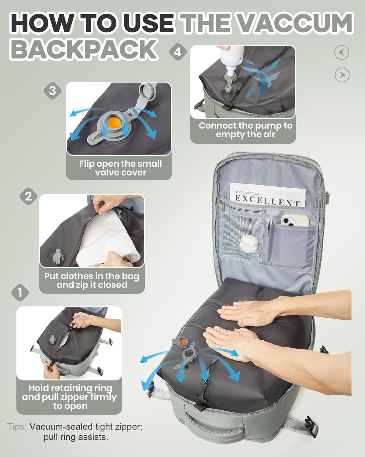 Vacuum Seal Travel Backpack with Air Pump,Compression Vacpack Waterproof Carry On Backpack for Travel Women Men with Vacuum System,Airlines Approved Daypack Laptop Space Saver Bags,GrassGreen