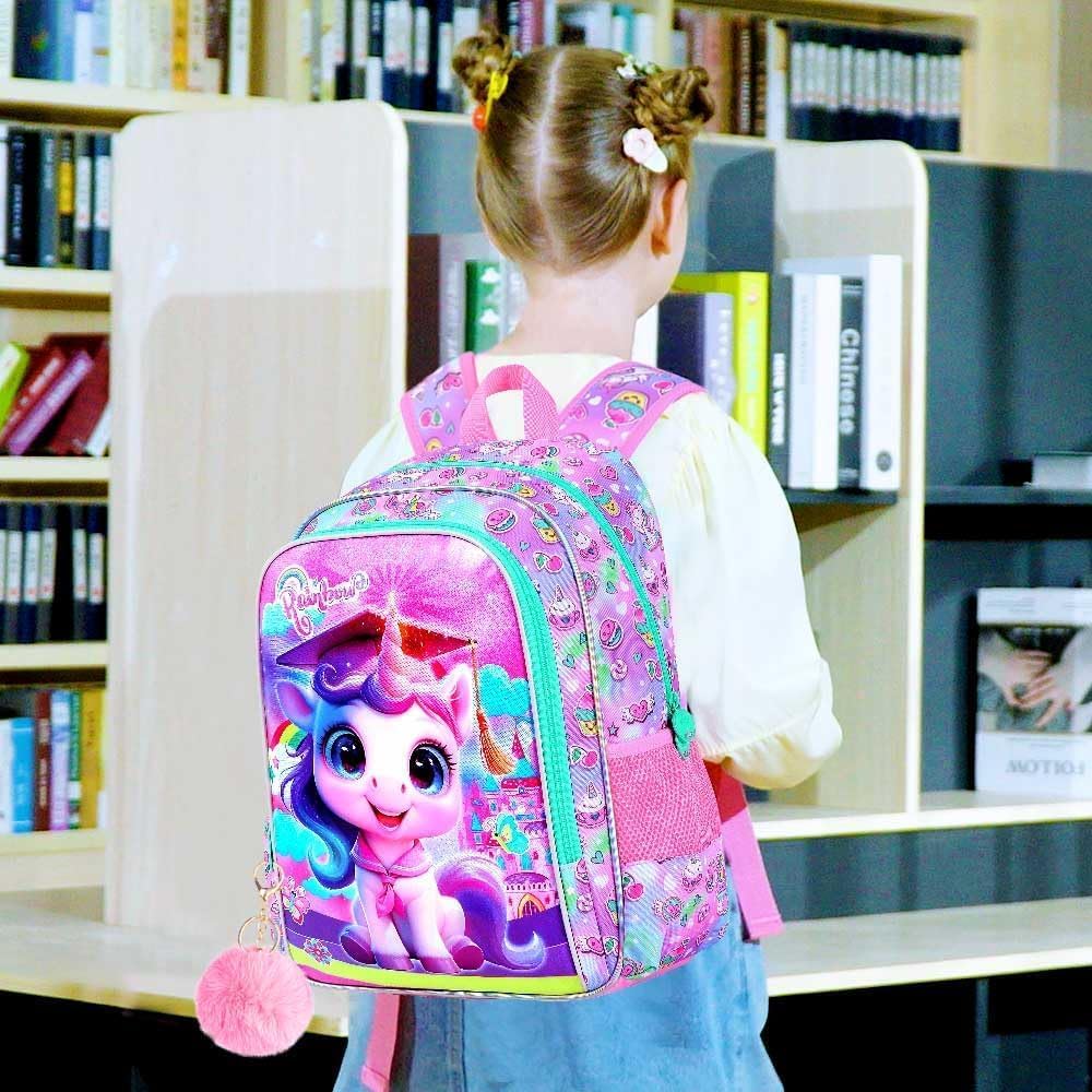 3PCS Unicorn Backpack, 16" Girls Bookbag with Lunch Box, Kids Water Resistant Elementary Prechool Toddler Shool Bag - Pink Dr. Unicorn
