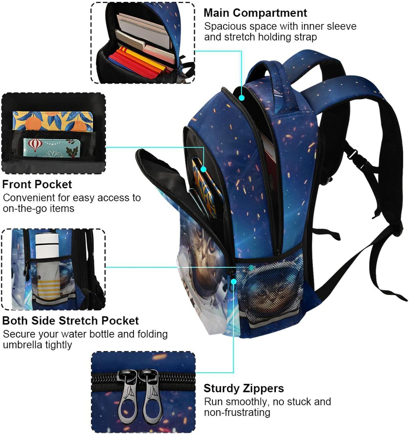 Kids Backpack Cat Astronaut Bookbag Elementary School Bag for Boys Girls Travel Rucksack