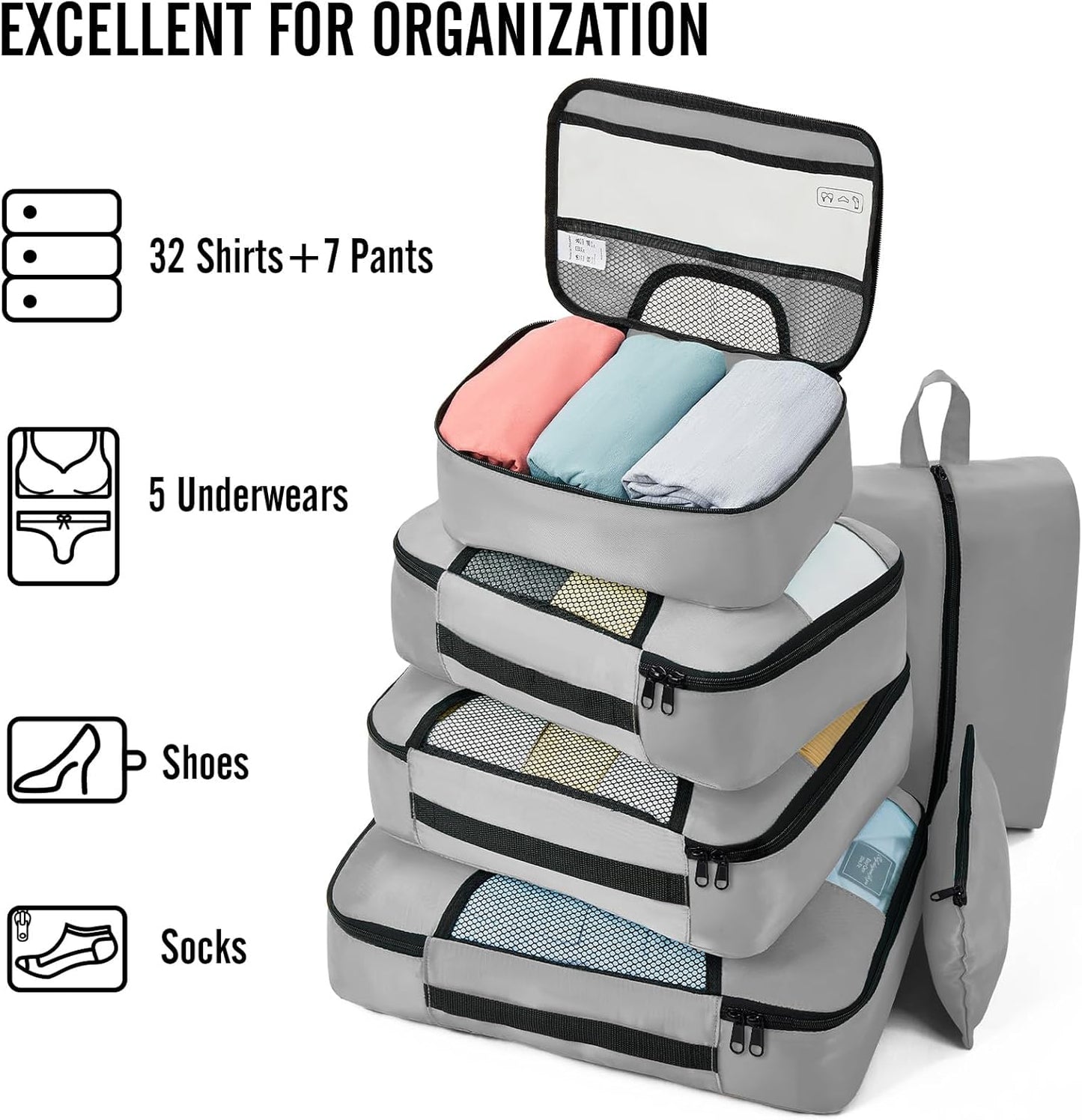 Veken 8 Set Packing Cubes for Travel Essentials, Suitcase Organizer Bags in 4 Sizes, Carry-On