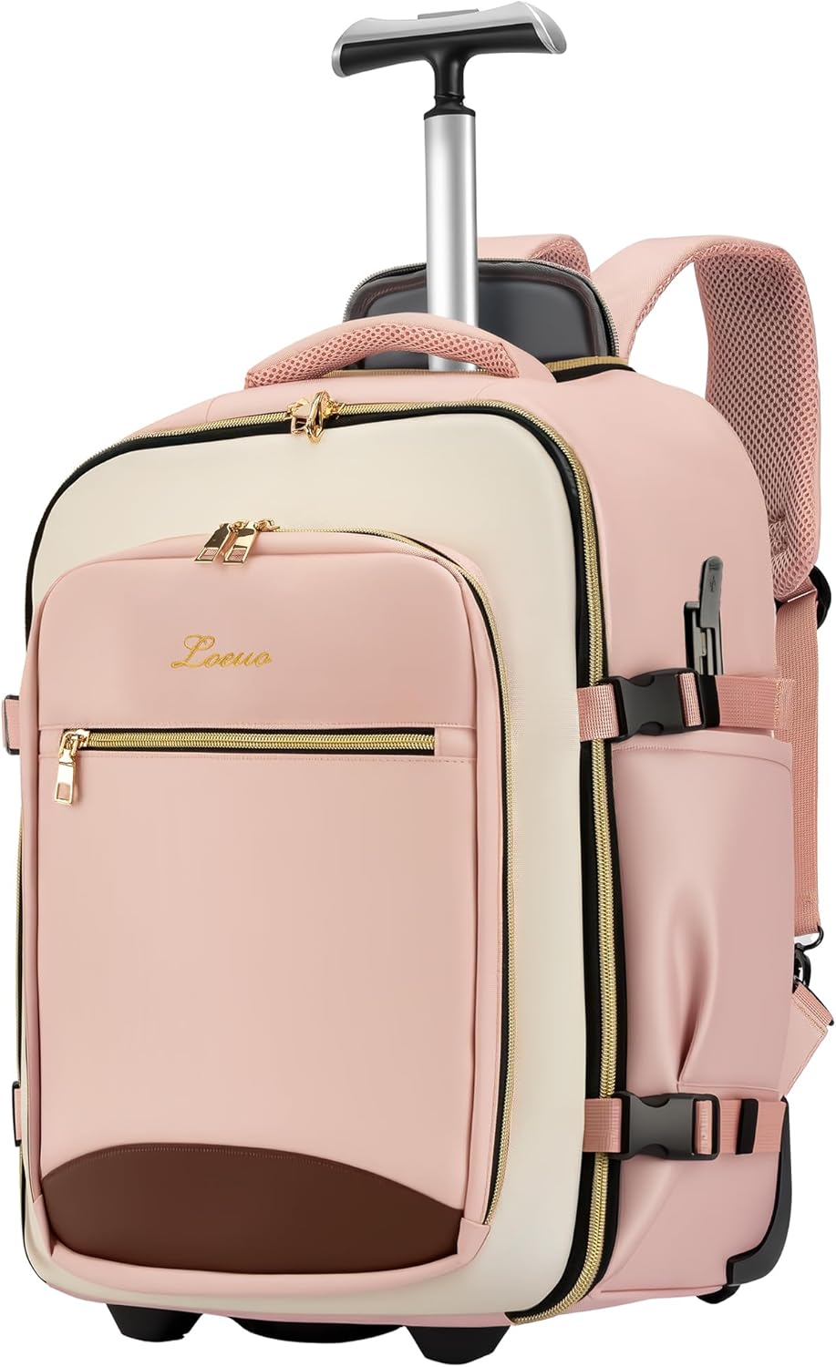 Carry On Backpack with Wheels for Adults, Airline Approved Rolling Backpack for Women, Foldable Bottom Travel Laptop Backpack (Pink)