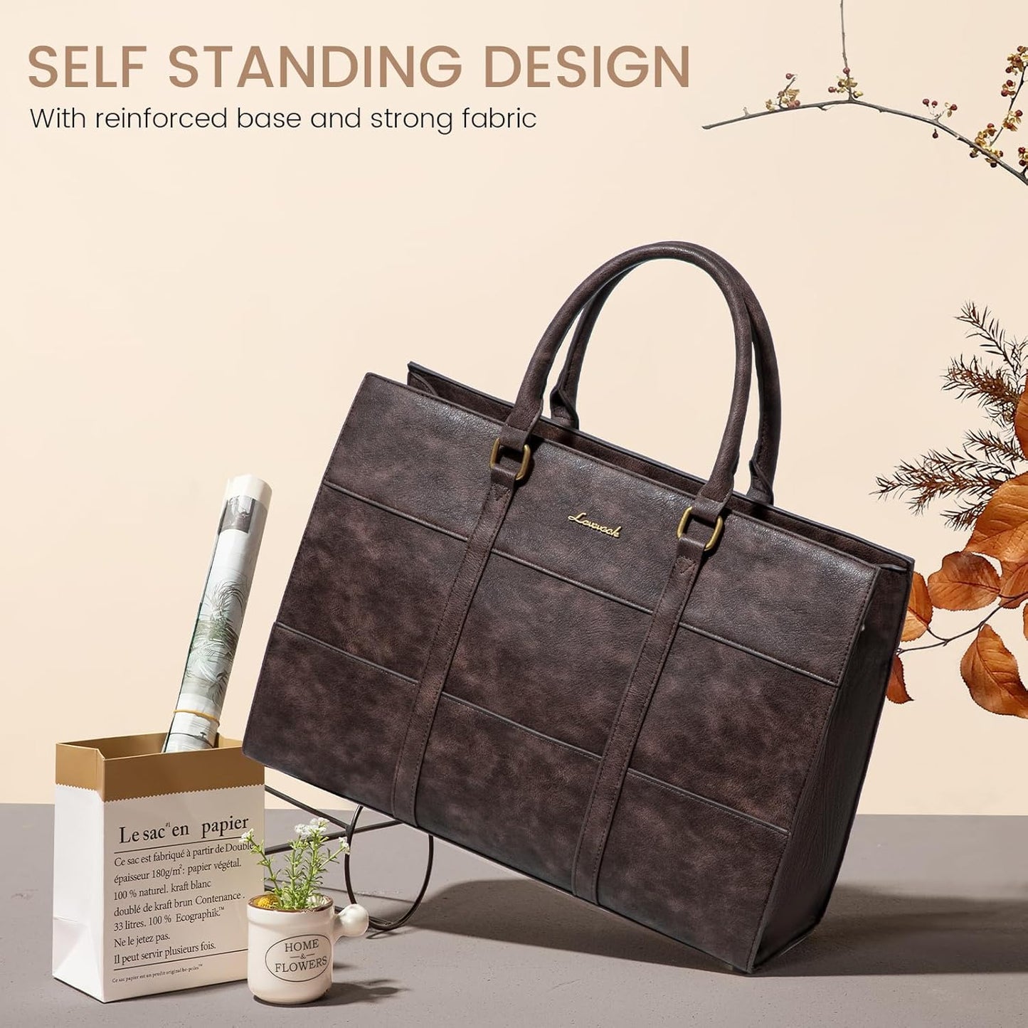 LOVEVOOK Laptop Bag for Women, 15.6 Inch Laptop Tote Bag, Vintage Leather Work Bags for Women, Waterproof Computer bag with Clutch Purse, Large Capacity Briefcase, Business Office Bag