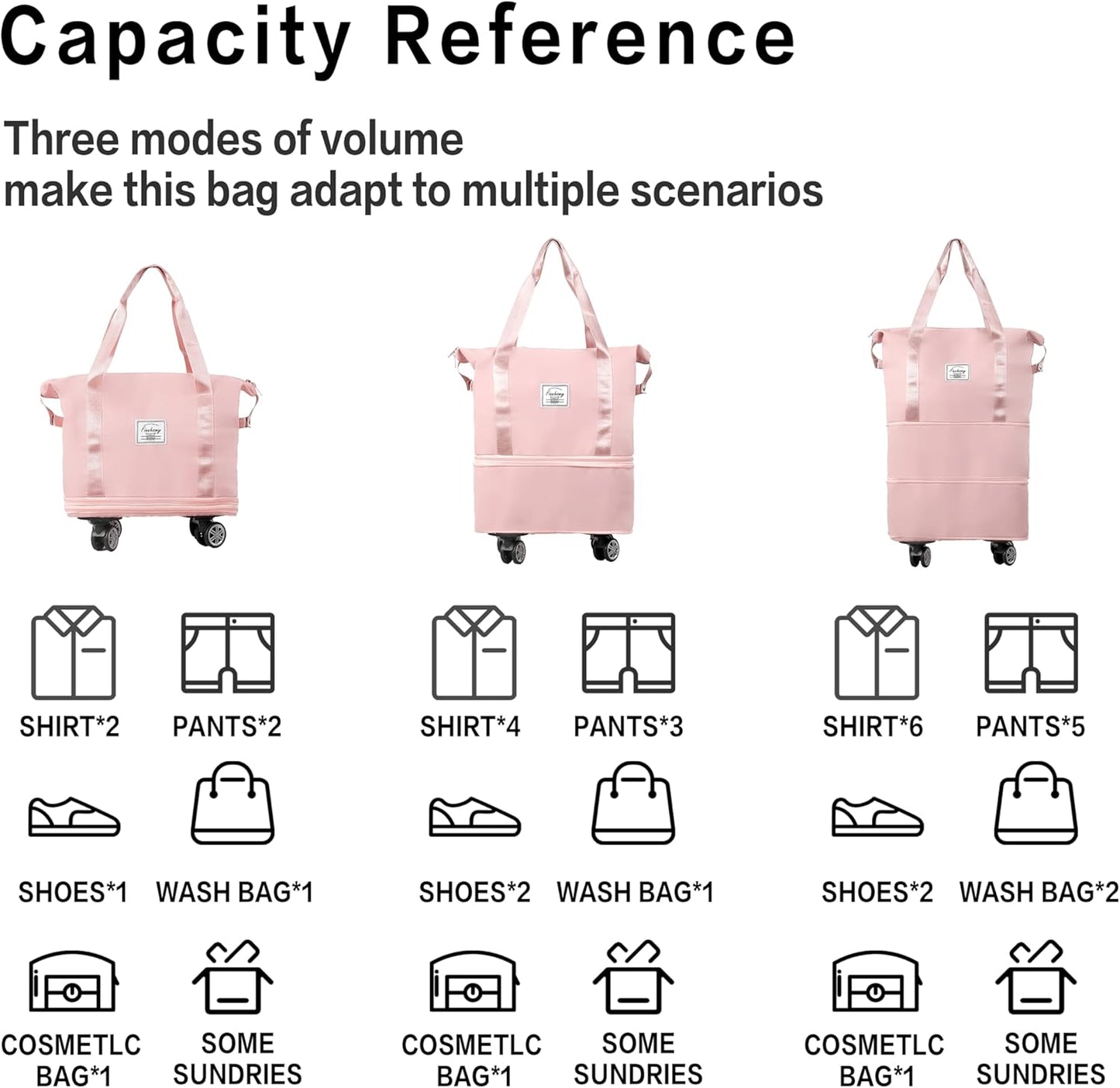 Finnhomy 50L Expandable Rolling Duffel Bag with Wheels Foldable Duffel Bag for Travel Carry on Bag with Wheels Luggage Travel bag Detachable Wheel Duffel Bag for Shopping Travel Outdoor, Pink