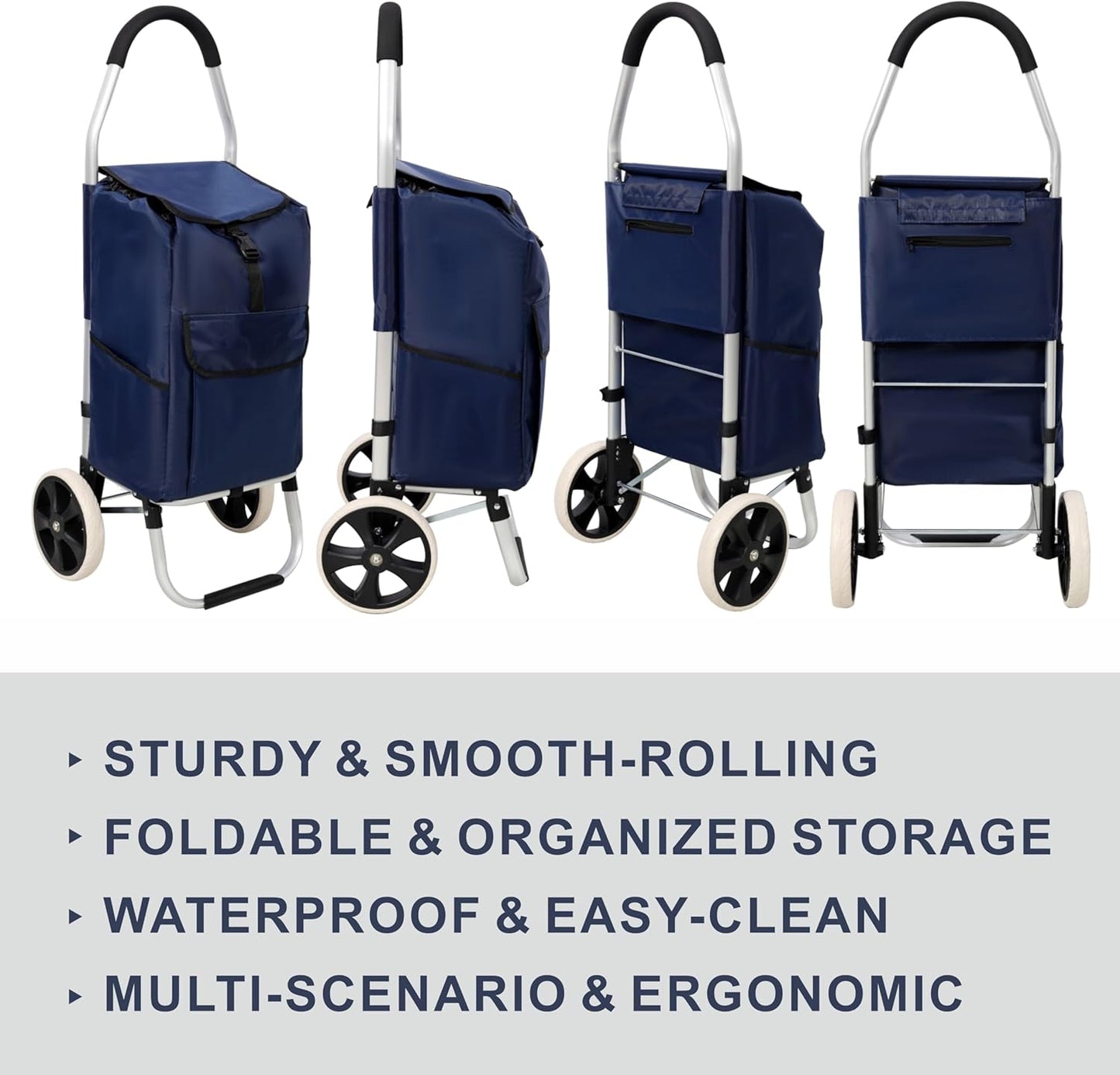 Heavy Duty Foldable Shopping Trolley with Wheels Oxford Waterproof Cart Removable Bag for Groceries Laundry Travel (Blue-2 Wheels)