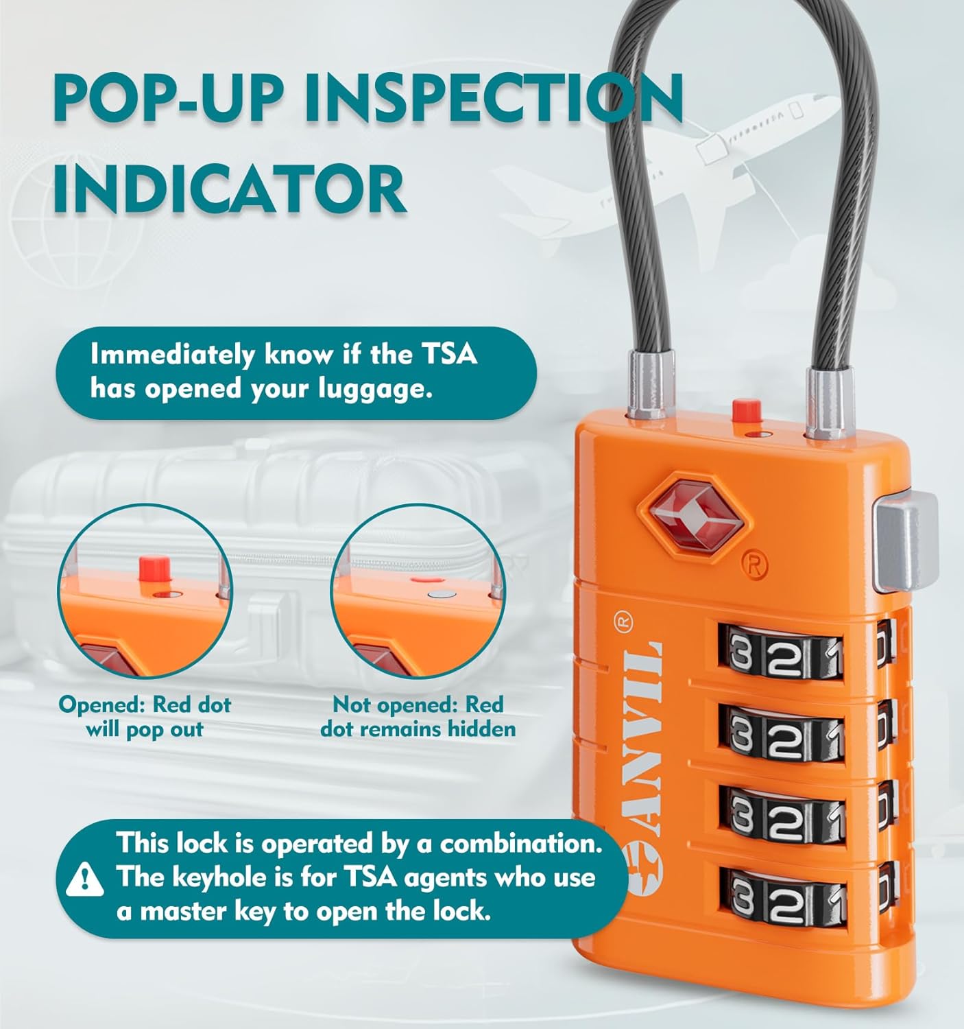 ANVIL TSA Approved Luggage Locks, 4 Digit Combination Travel Suitcase Locks with TSA008 Core and