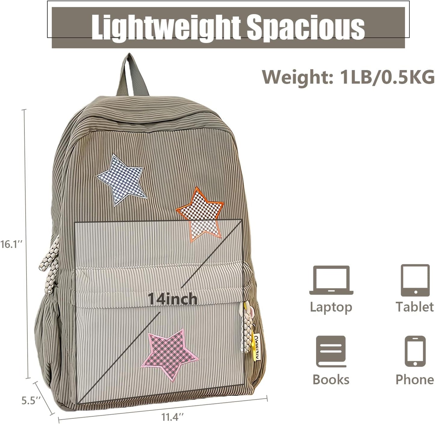 Corduroy Backpack with Star Pattern, Trendy and Versatile, Fits 14'' Laptop Large Capacity Daily Commute (Khaki)