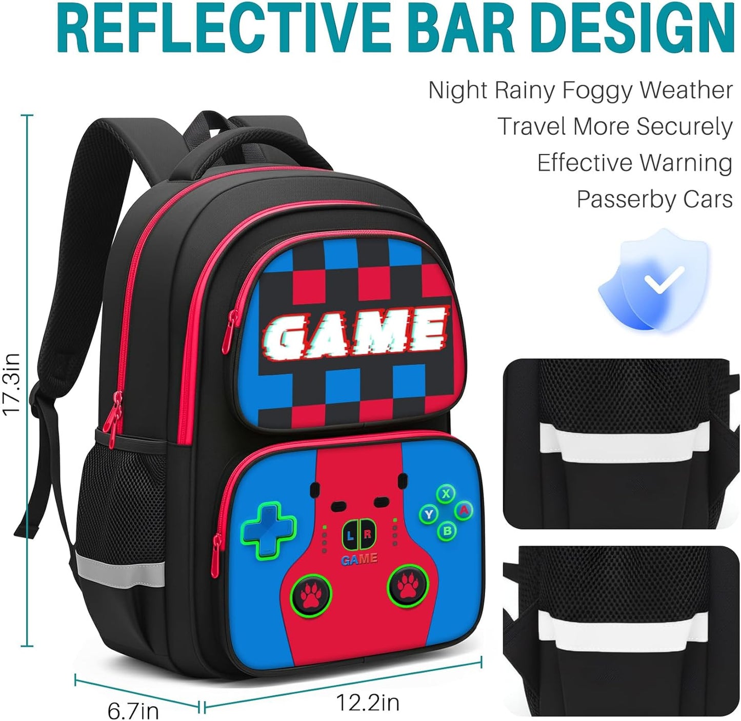 Gaming Backpack for Boys 3pcs Set - Video Game Themed School Bookbag with Lunch Box and Pencil Case for Kids Teens, Elementary Middle High School Students, 17 Inch Large Capacity