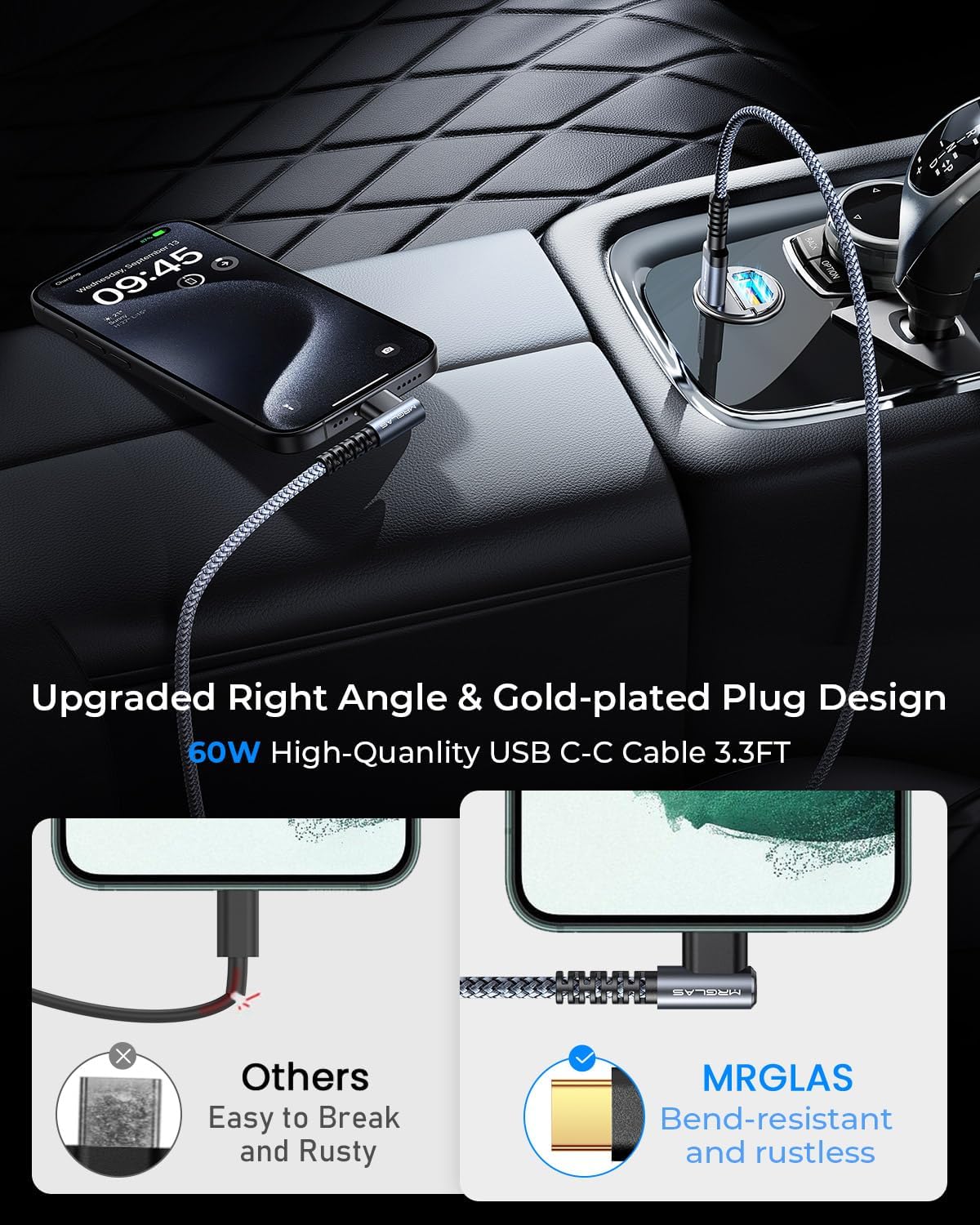 MRGLAS 125W Car Charger USB C Super Fast Charging, [PD65W & QC60W][Extra 3.3ft 60W USB C Cable][All Metal], Cigarette Lighter USB Charger for iPhone 17 16 Pro Max Air 15 Samsung S25 iPad