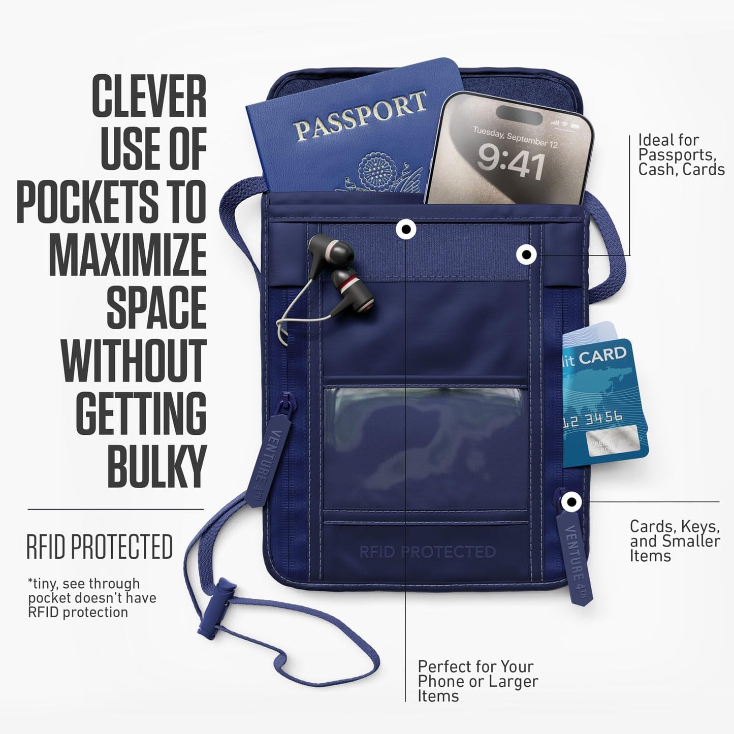VENTURE 4TH Neck Wallet, RFID Blocking Passport Holder for Travel – Hidden Neck Pouch with 5 Compartments, Slim Lightweight Organizer with Adjustable Strap for Cash, Cards & Passport (Sleek Navy Blue)