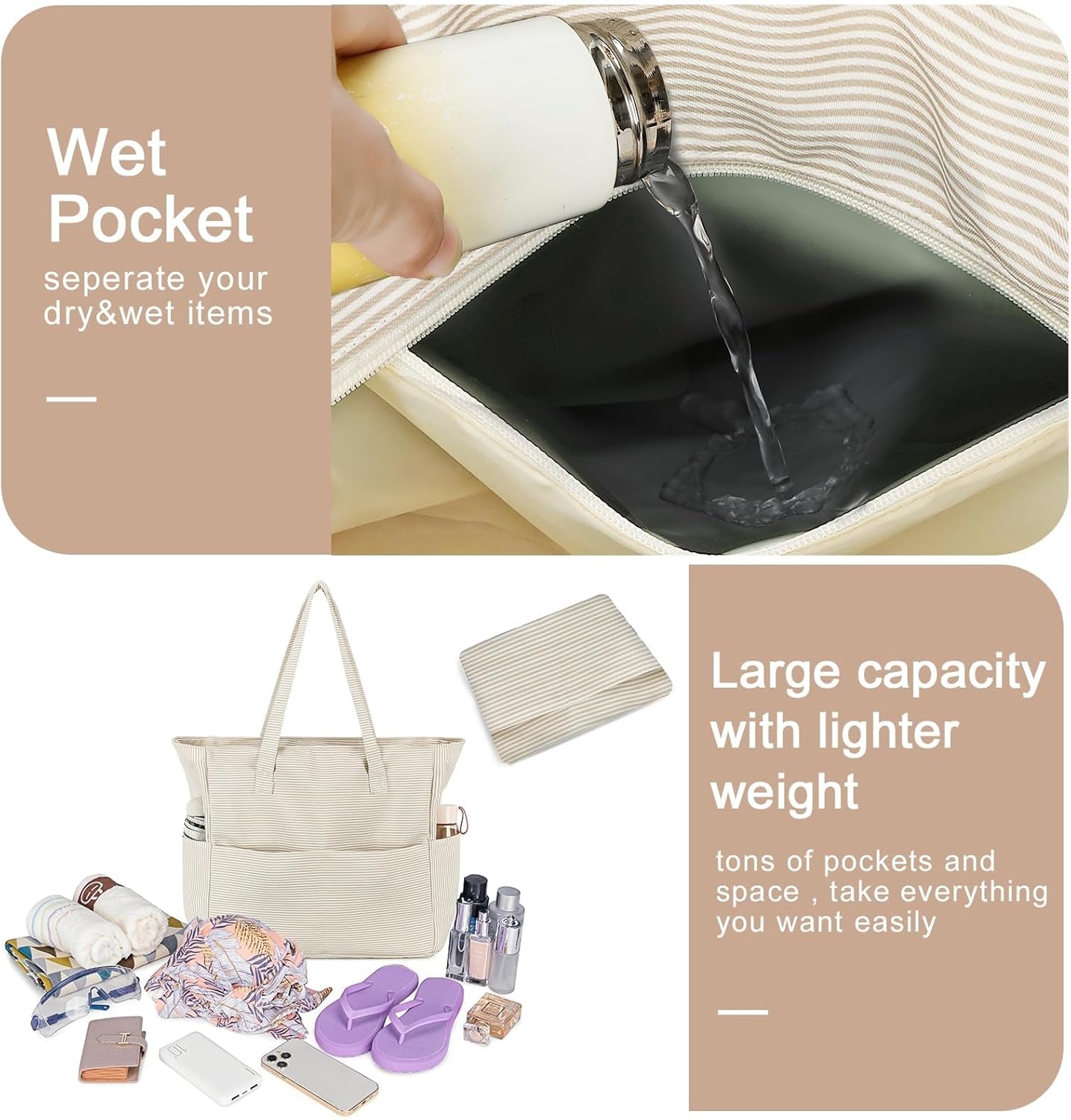 Bluboon Waterproof Beach Tote Pool Bags for Women Ladies Extra Large Carry On Bag With Wet Compartment for Weekender Travel