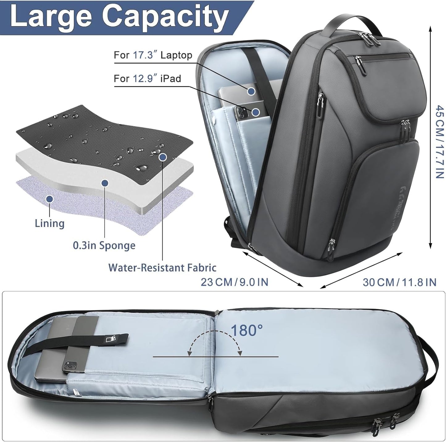 hk Business Smart Backpack for Men Anti-Theft for 17.3 Inch Laptop with USB Charging Port