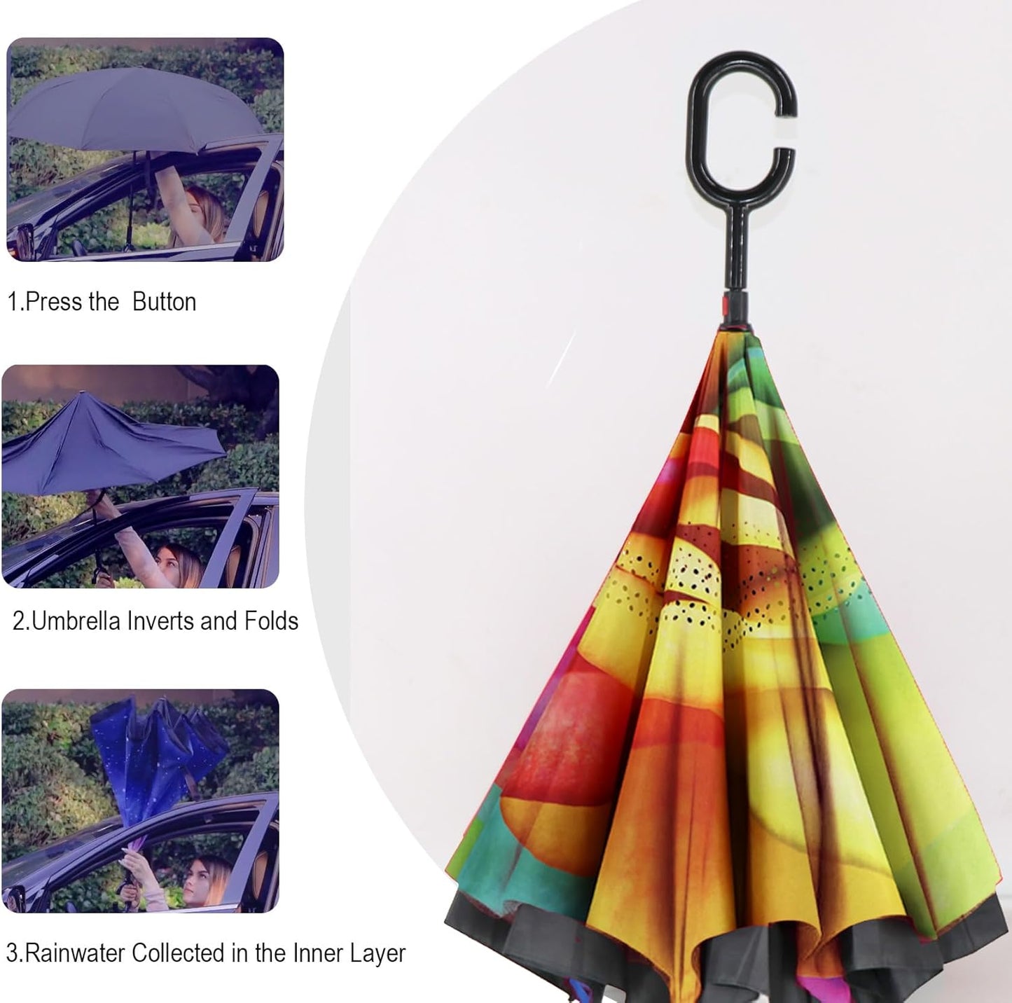 SIEPASA 49/56 Inch Inverted Reverse Upside Down Umbrella, Extra Large Double Canopy Vented Windproof Waterproof Stick Golf Umbrellas with C-shape Handle.