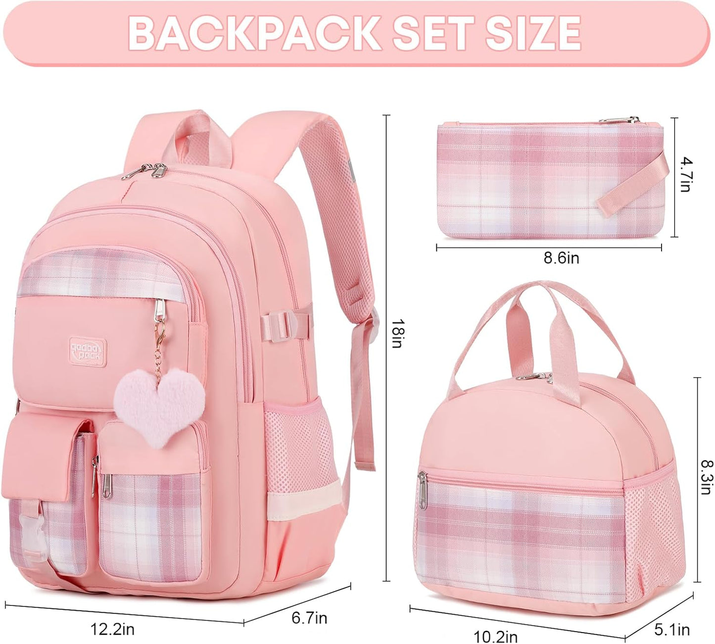 3PCS School Backpack For Student Women College Middle High Teen Girls Bookbag Waterproof Laptop Bag Plaid Pink