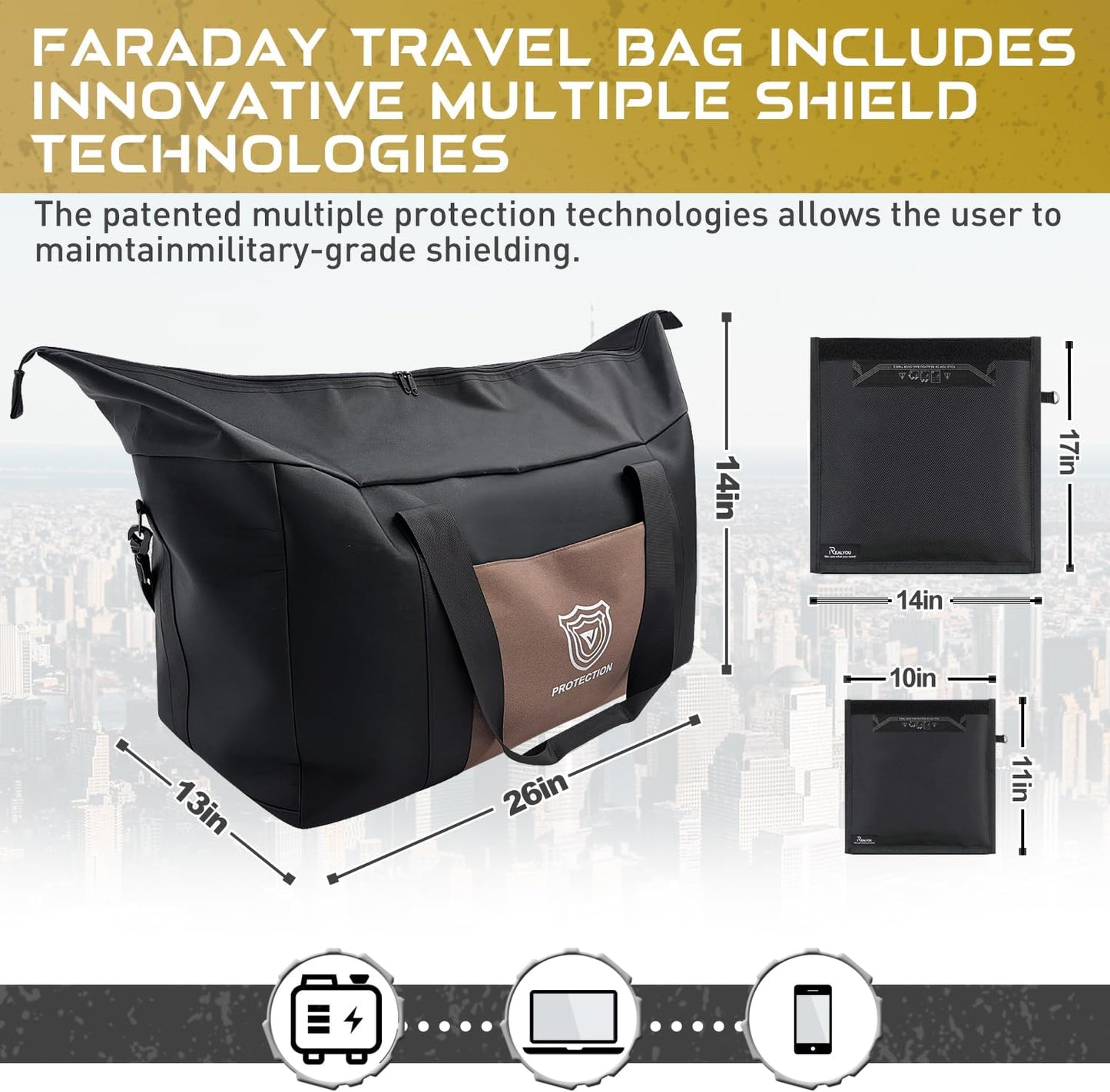 Faraday Duffel Bag Military-Grade RF Shielding for Large Electronics & Mobile Devices Travel Protection Signal Isolation Data Privacy