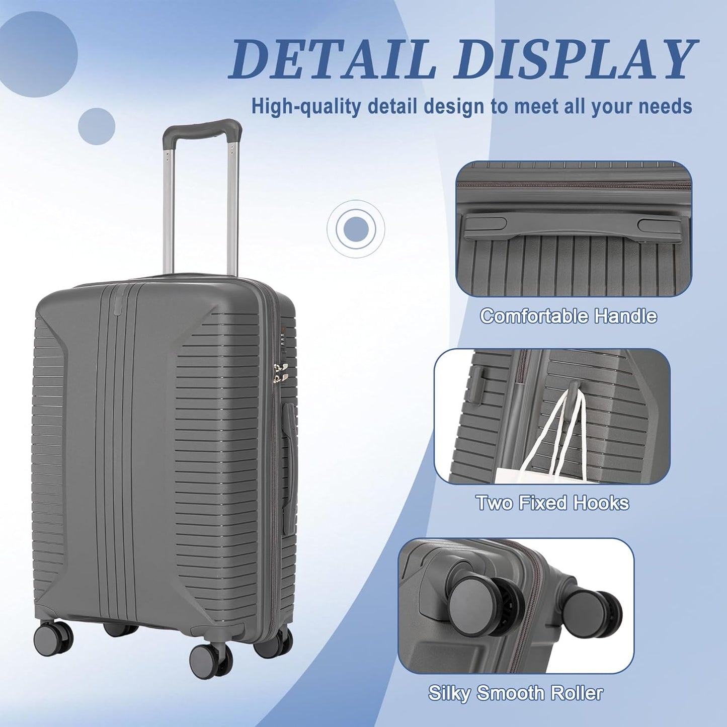 Campfun 3 Piece Luggage Sets, PP Suitcase Set with Double Spinner Wheels Hang Hook, Durable Carry On Luggage with Combination Lock, 20/24/28 inch, Grey