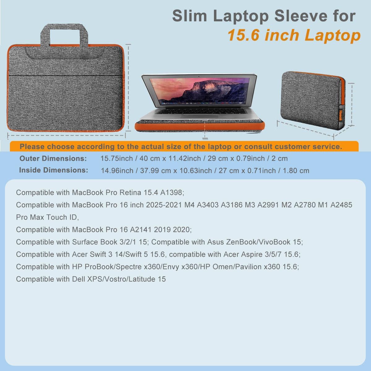Hseok Laptop Shoulder Bag 15.6-16 inch Case, Durable Shockproof Protective Computer Carrying Briefcase with Multi-Pockets and Strap Compatible with Most 15 15.6 16 inch Notebooks,Dark gray-orange