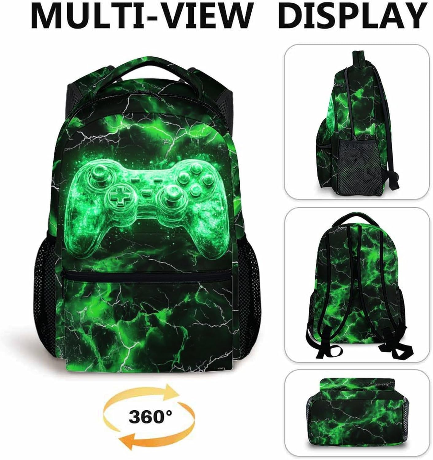 Kids Backpack, Cool Green Gamer Bookbag for Boys 6-8, Boys Gift for Birthday, 17 Inch Leisure Backpack for School Preschool Elementary Kindergarten