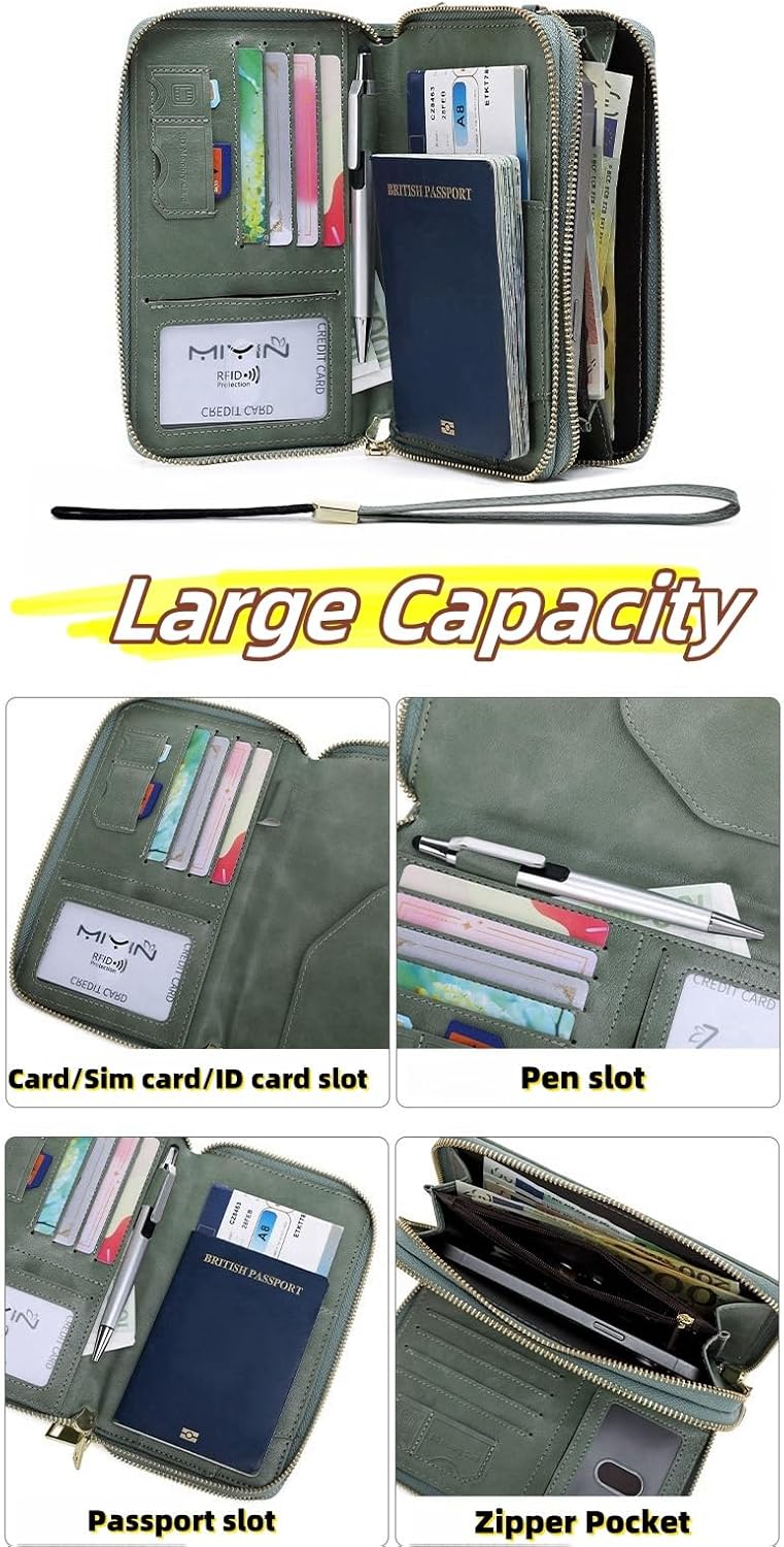 US-B Passport Wallet, RFID Blocking Passport Holder Large Capacity, Lightweight PU Document Organizer for Women (Green)