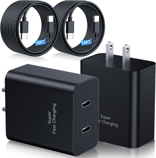 45W Samsung Super Fast Charger,2Pack Dual Port USB C Samsung Charger Fast Charging,Quick Double Type C Android Chargers Block 10FT Long USB C Cable for SamsungGalaxy S25 Ultra/S25/S24+/S23/S22/S21/S20