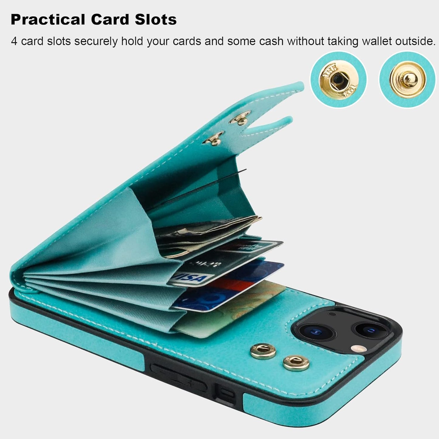 Folosu Compatible with iPhone 14 Case Wallet with Card Holder, 360°Rotation Finger Ring Holder Kickstand, RFID Blocking Leather Protective Double Buttons Shockproof Cover 6.1 Inch Green