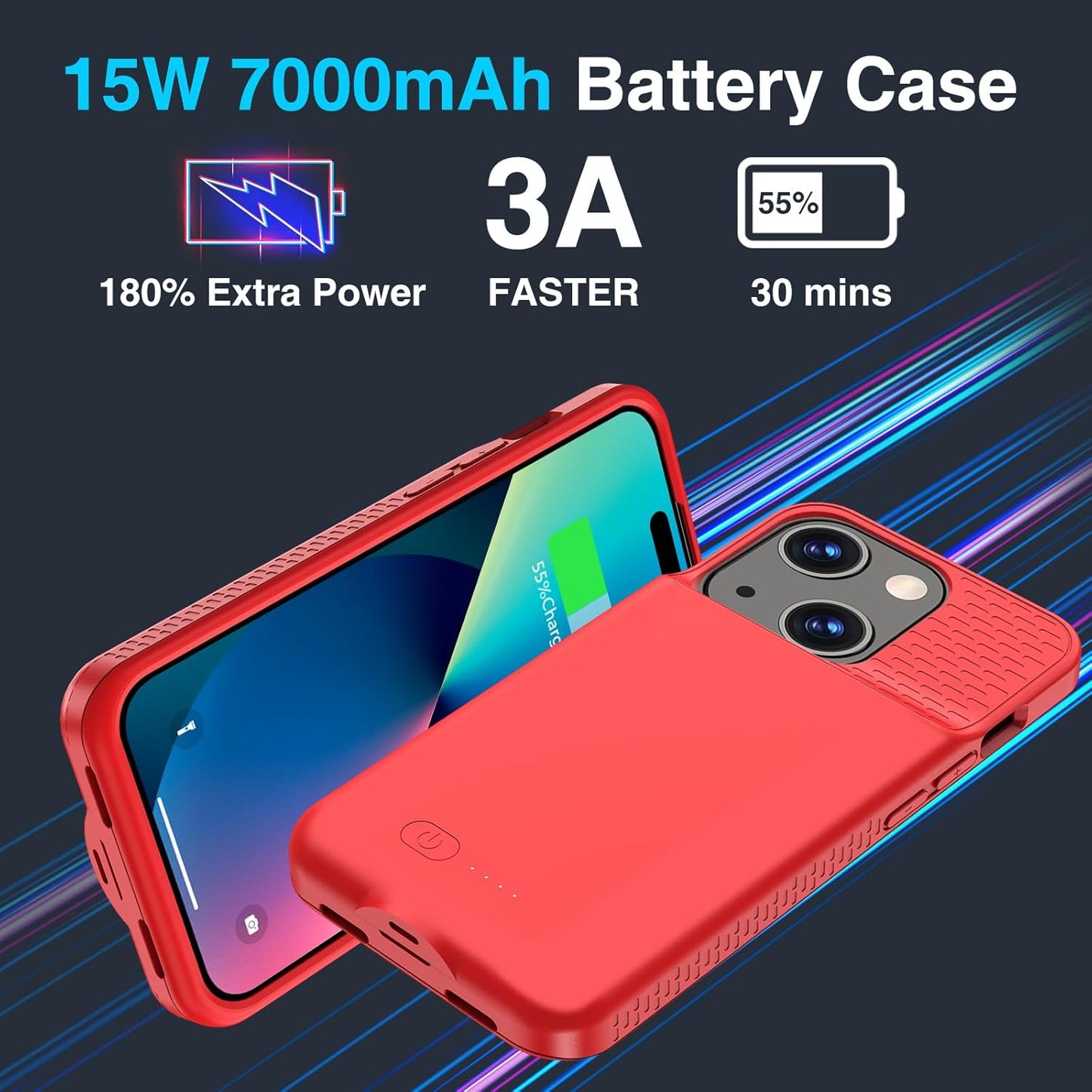 GIN FOXI Battery Case for iPhone 15/15 Pro, 15W Fast Charging Case Charger Ultra-Slim Lightweight 7000mAh Rechargeable Battery Anti-Fall Premium TPU Anti-Slip Charging Case for iPhone 15&15 Pro Red