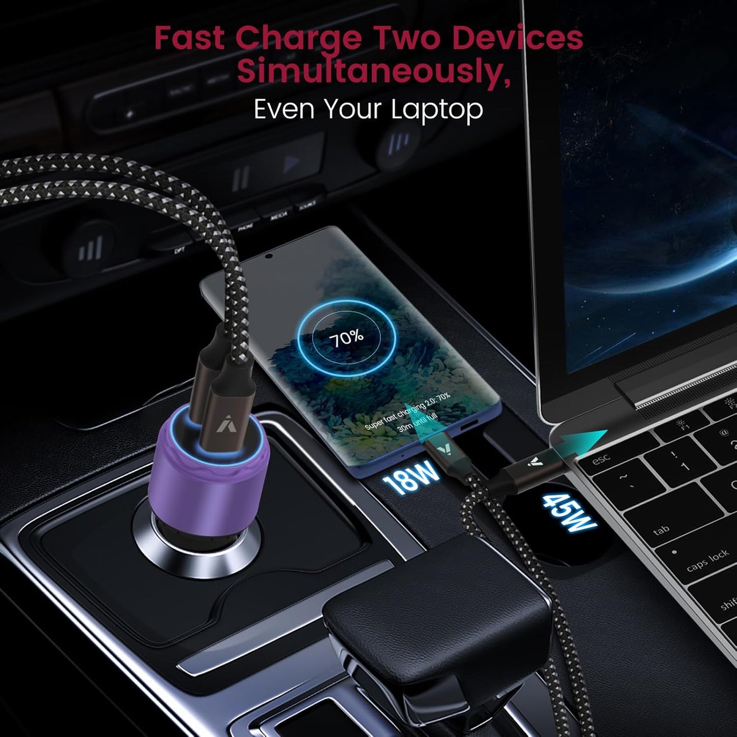 VELOGK Super Fast Type C Car Charger [73W Turbo], Fast Adaptive 55W 45W PPS/PD&QC3.0 USB C Car Adapter[Super Fast Charging 2.0]for Samsung S25 Ultra/S24 Ultra/S23 Ultra/S22+/S21/S20, iPad Pro(Purple)