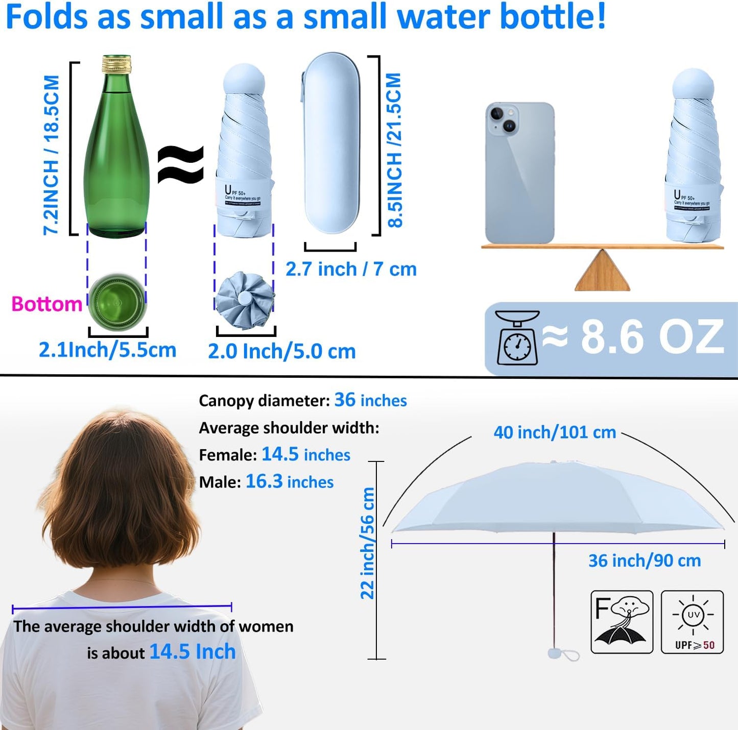 BAODINI Travel Essentials Mini Umbrella for Purse With Case Small Compact UV Sun Protection Lightweight Tiny Pocket Manual Open Close Umbrella for Women Kids and Men Fit Purse Backpack