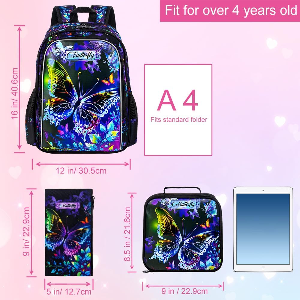 3PCS Backpack for Girls, Water Resistant Butterfly Bookbag Set with Lunch Box，Cute Elementary School Bag for Preschool Toddler