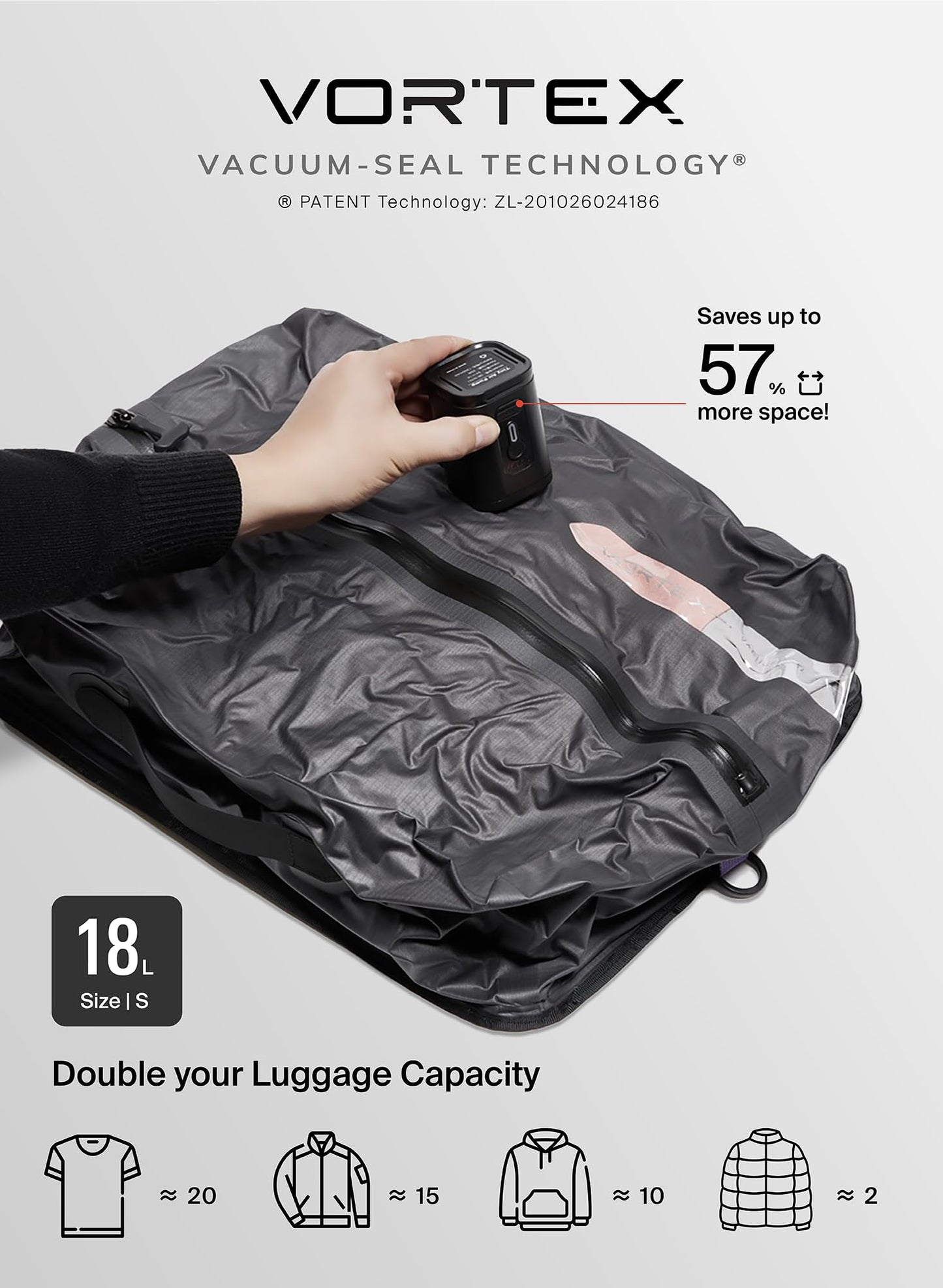 Black Voyage Reusable Vacuum Compression Travel Bag for Carry-On Suitcase and Backpack, Recycled