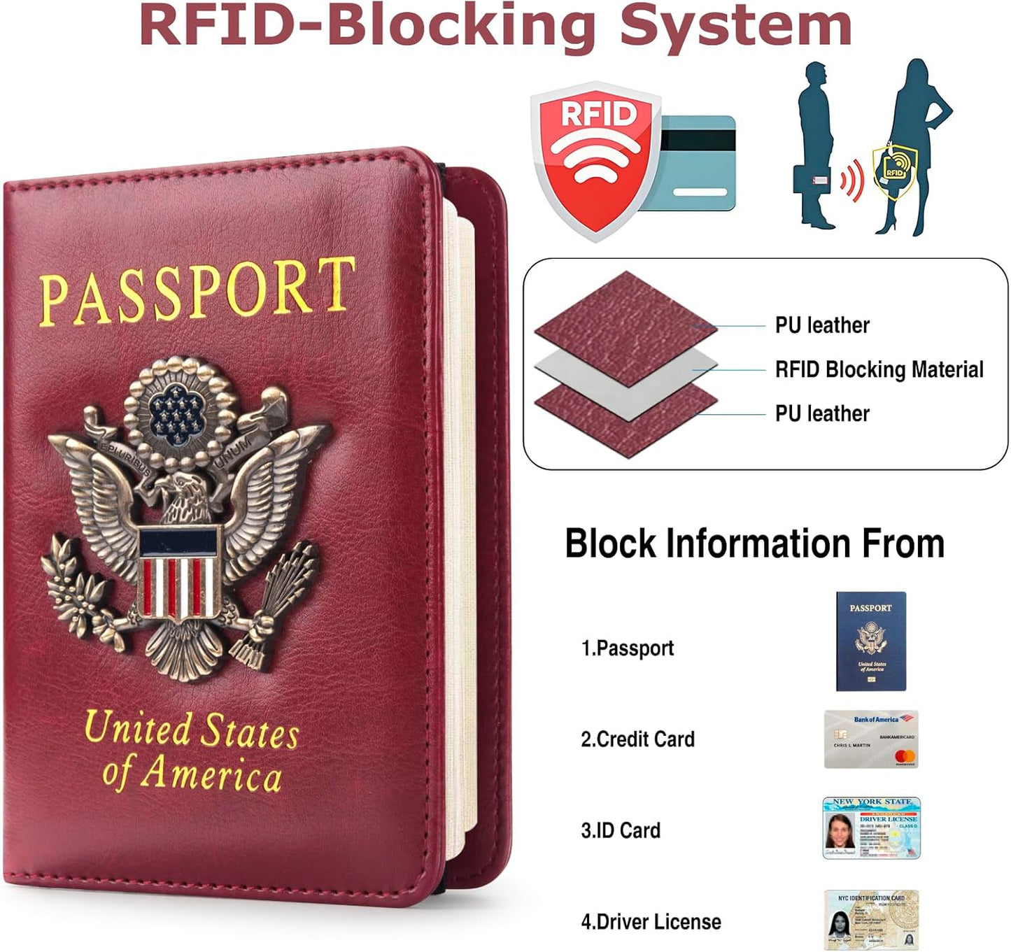 Passport Holder for Travel Passport Cover for Men Passport Wallet Case With 3D Metal Badge Protector Leather Card Case RFID Blocking Women Travel Accessories Document Organizer (Wine Red)