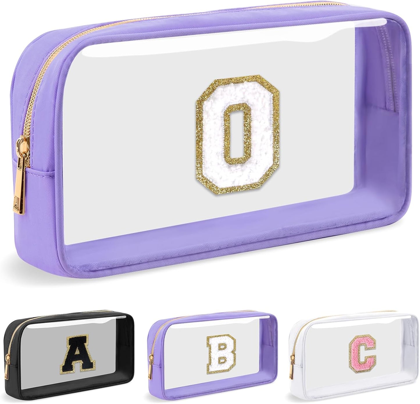 Personalized Initial Letter Clear Makeup Bag,Preppy Small Nylon&PVC Cosmetic Zipper Bag with Chenille Letter,Travel Skincare Toiletry Bag,Monogram Christmas Gift for Teen Girls Women,O