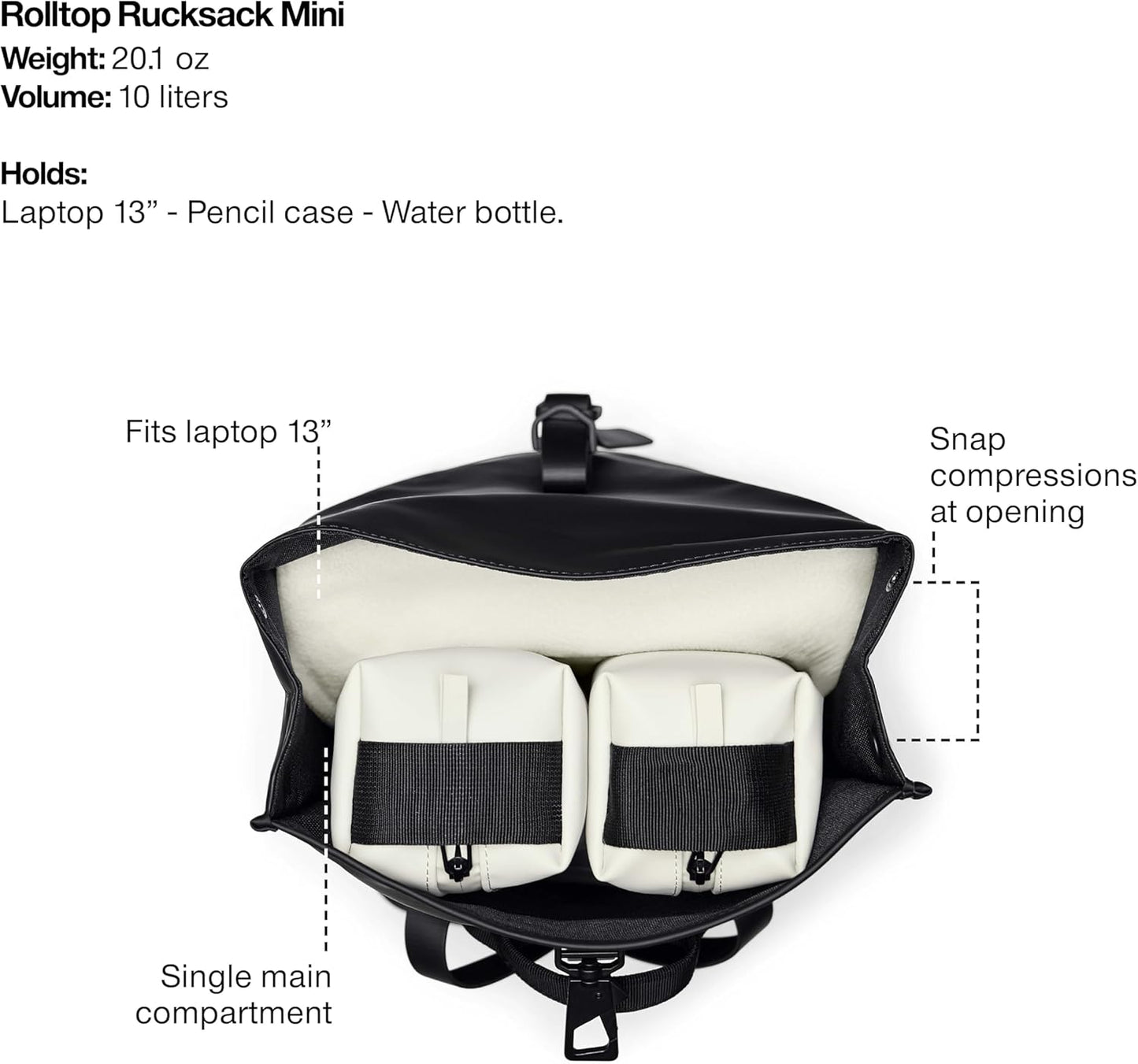 RAINS Rolltop Rucksack Mini Black Waterproof Rolltop Backpack Water Resistant Water Repellent