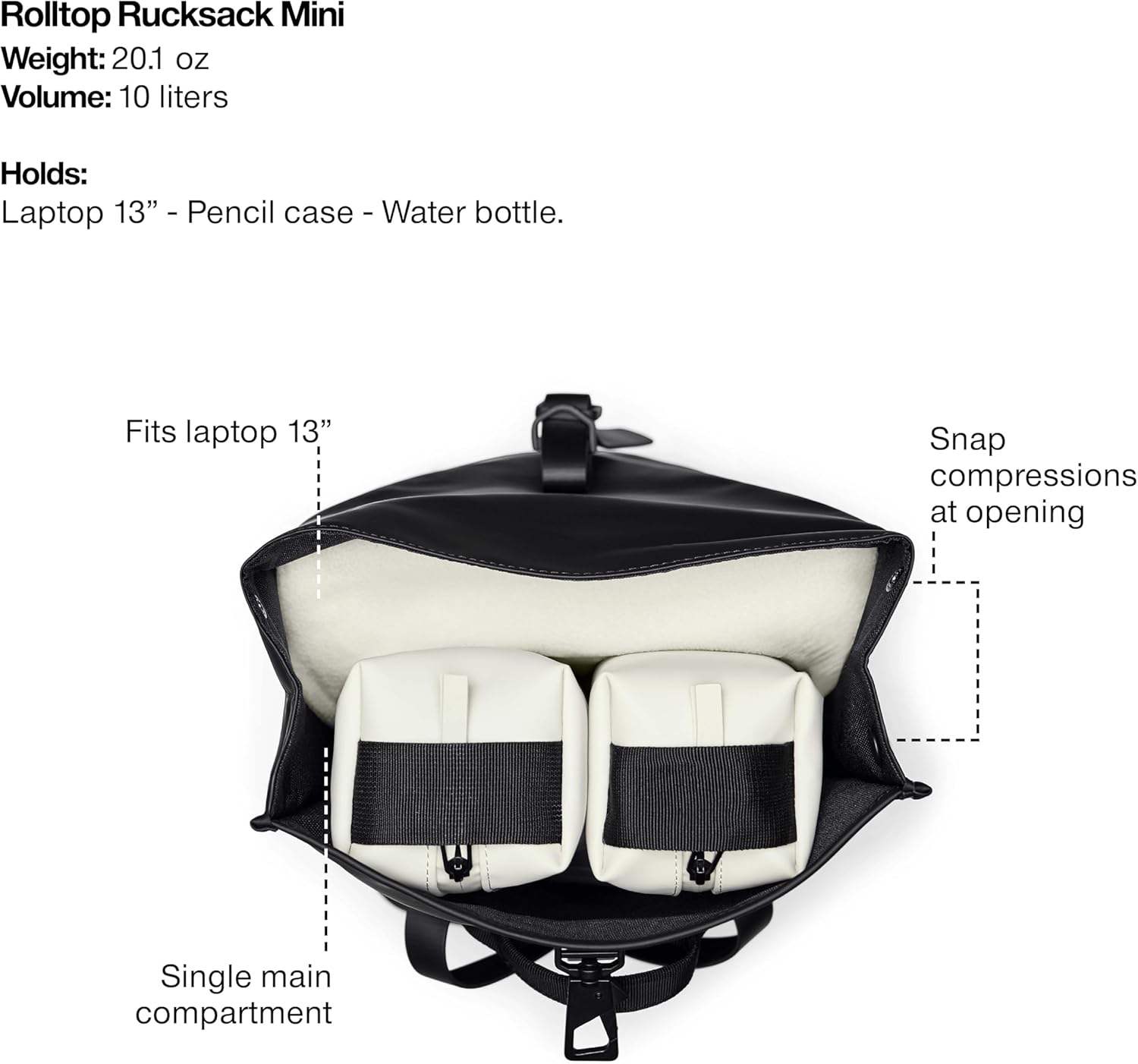 RAINS Rolltop Rucksack Mini Black Waterproof Rolltop Backpack Water Resistant Water Repellent
