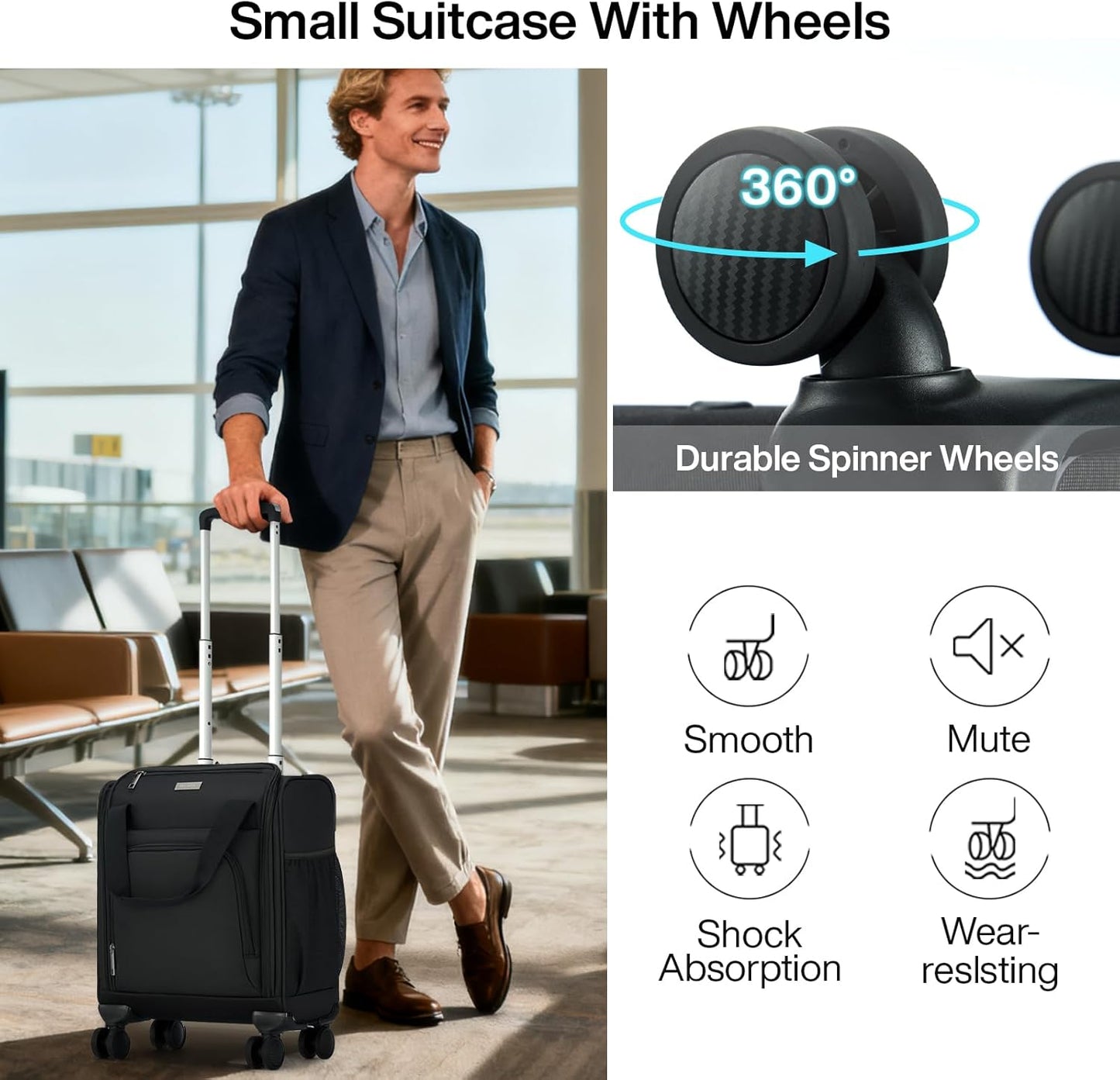 MILADA Carry On Luggage Airline Approved 16 Inch Underseat Small Suitcases with Wheels Softside Travel Luggage Personal Item Overnight Bag Business Mini Suitcase for Women and Men, Black