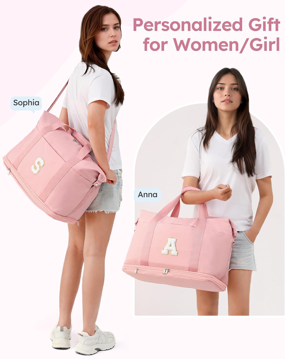 Personalized Initial Travel Duffle Bag for Women, Dance Bags with Foldable Shoe Compartment, Carry-On Weekender Duffel, Gifts for Teenage Girls, Water Resistant, Pink Letter E