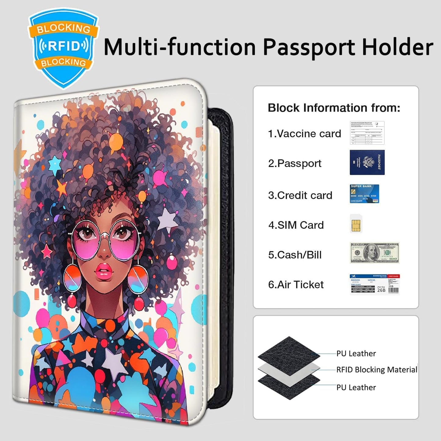 Passport Holder Women Wallet with Luggage Tag, Leather Passport Cover with RFID Blocking, Travel Accessories Multi Card Slot Passport Case for Men，Afro African Girl Color