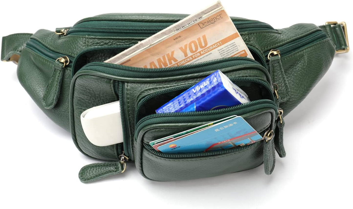Genuine Leather Fanny Pack large capacity Crossbody Waist Bag with Zipper phone Pockets green