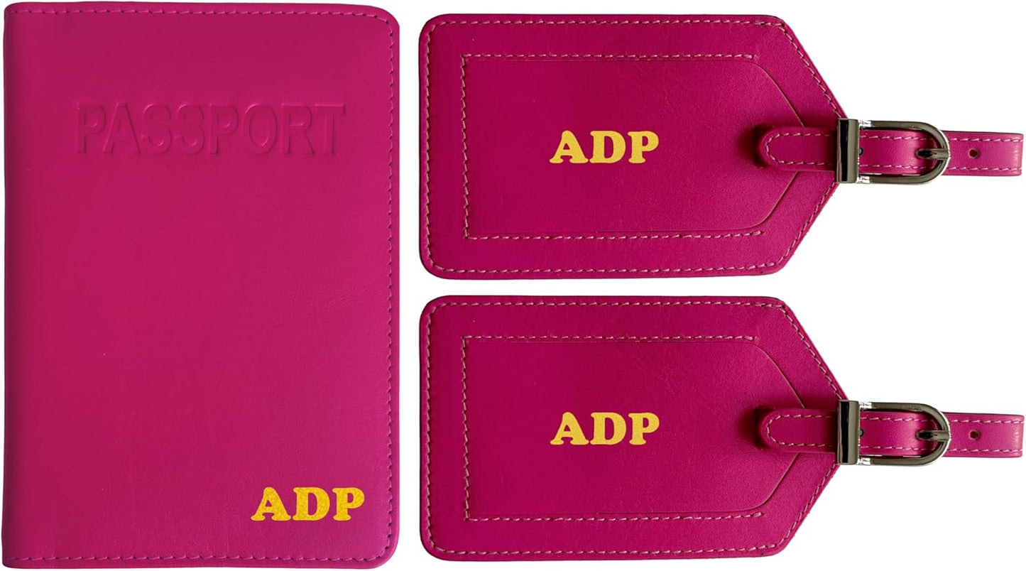 Personalized Monogrammed Bright Pink Leather RFID Passport Cover Holder and 2 Luggage Tags