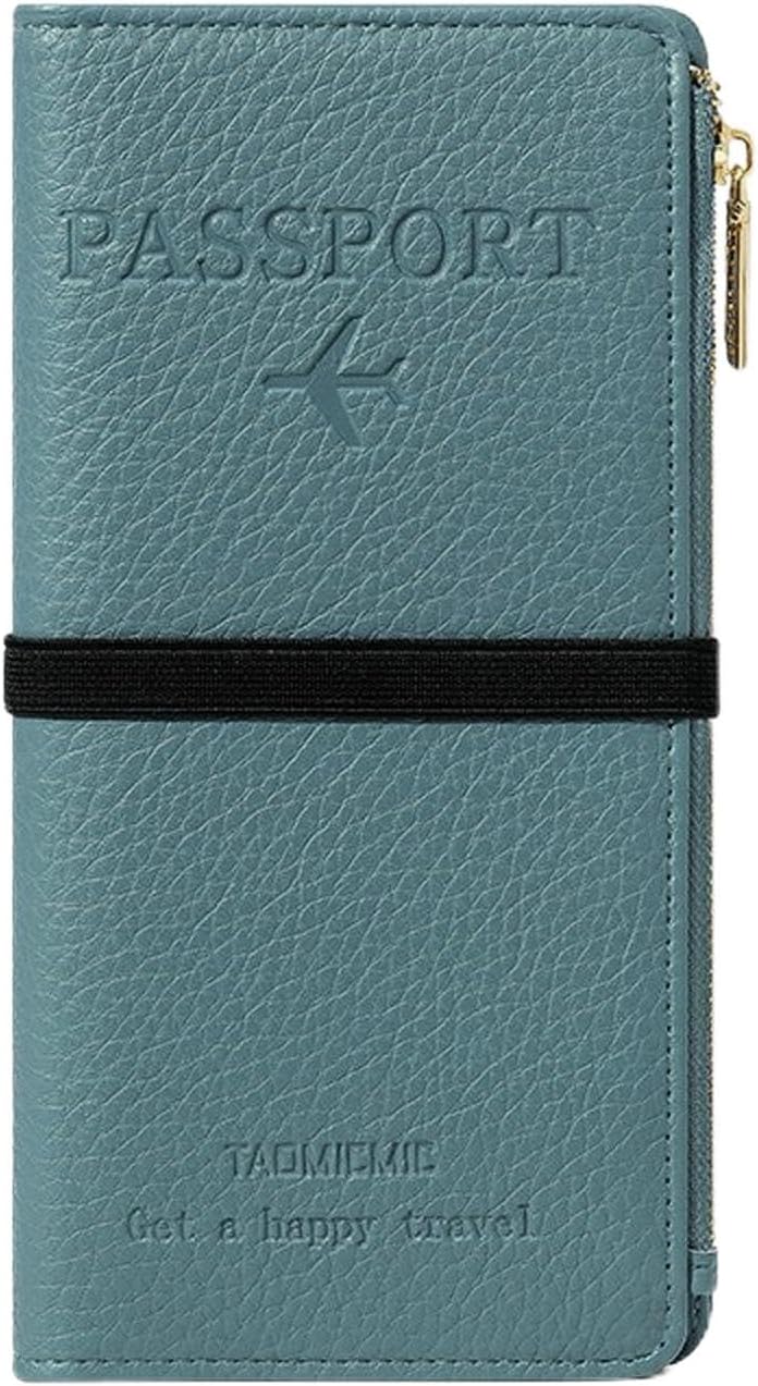 RFID-Blocking Leather Travel Wallet & Passport Holder with Zipper Pocket, Card Slots, and Phone Compartment – Waterproof Travel Organizer for Women & Men. TG-1 (Blue)