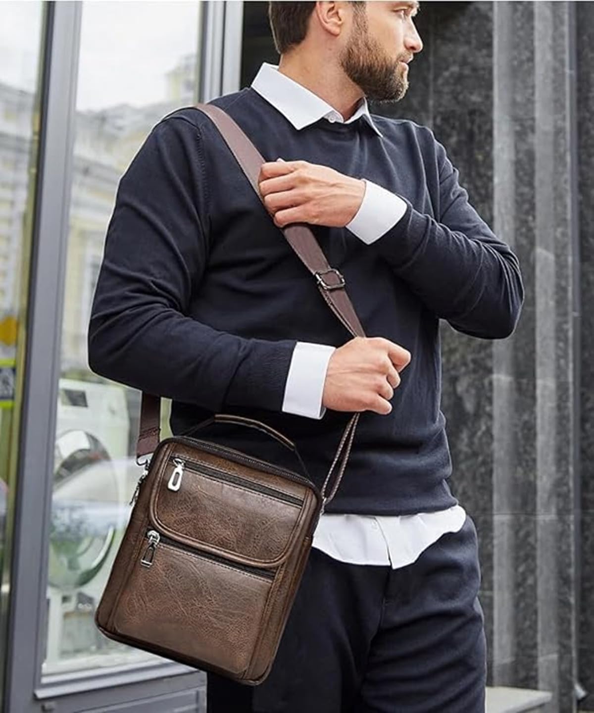 Zipper Buckle Leather Messenger Bag Vintage Handle Shoulder Crossbody Purse Genuine Leather for Daily Office Use